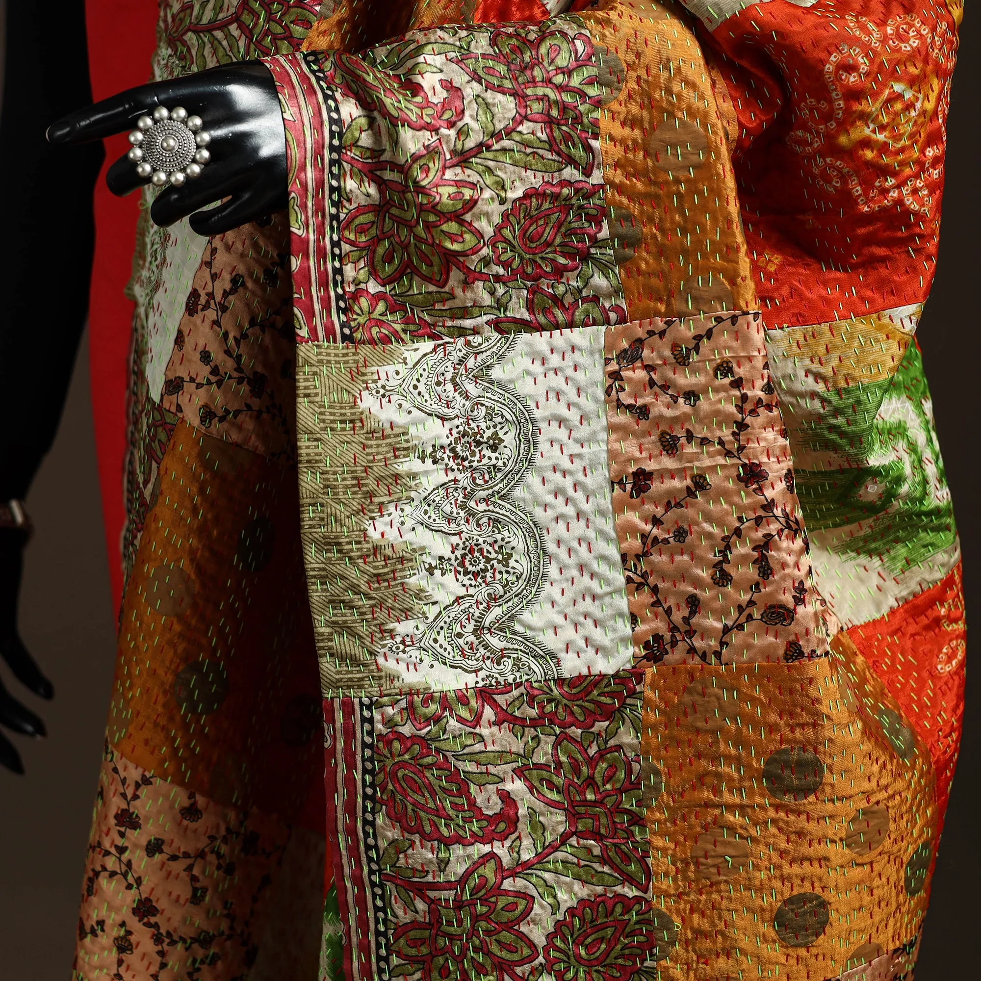 Multicolor - Bengal Hand Embroidery Patchwork Reversible Silk Kantha Dupatta 47 sold by Itokri product image thumbnail 3