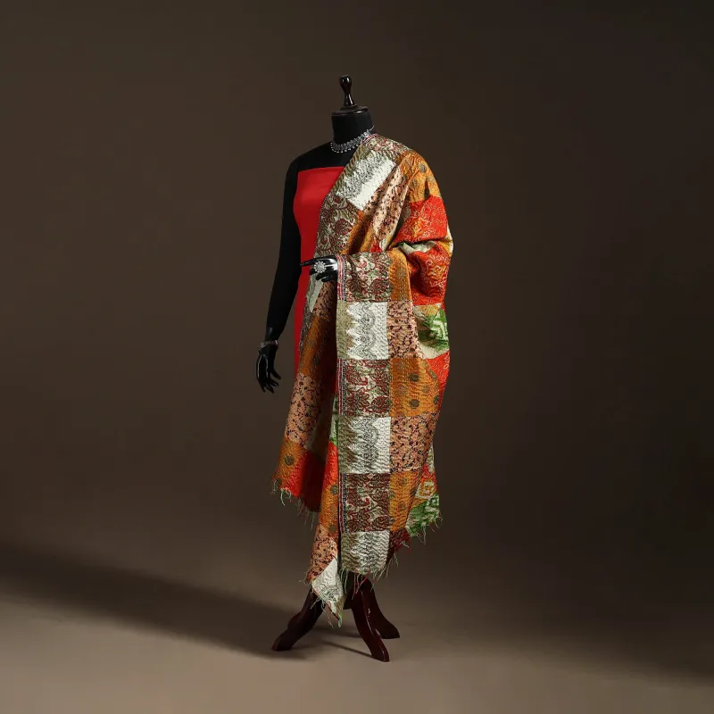 Multicolor - Bengal Hand Embroidery Patchwork Reversible Silk Kantha Dupatta 47 sold by Itokri