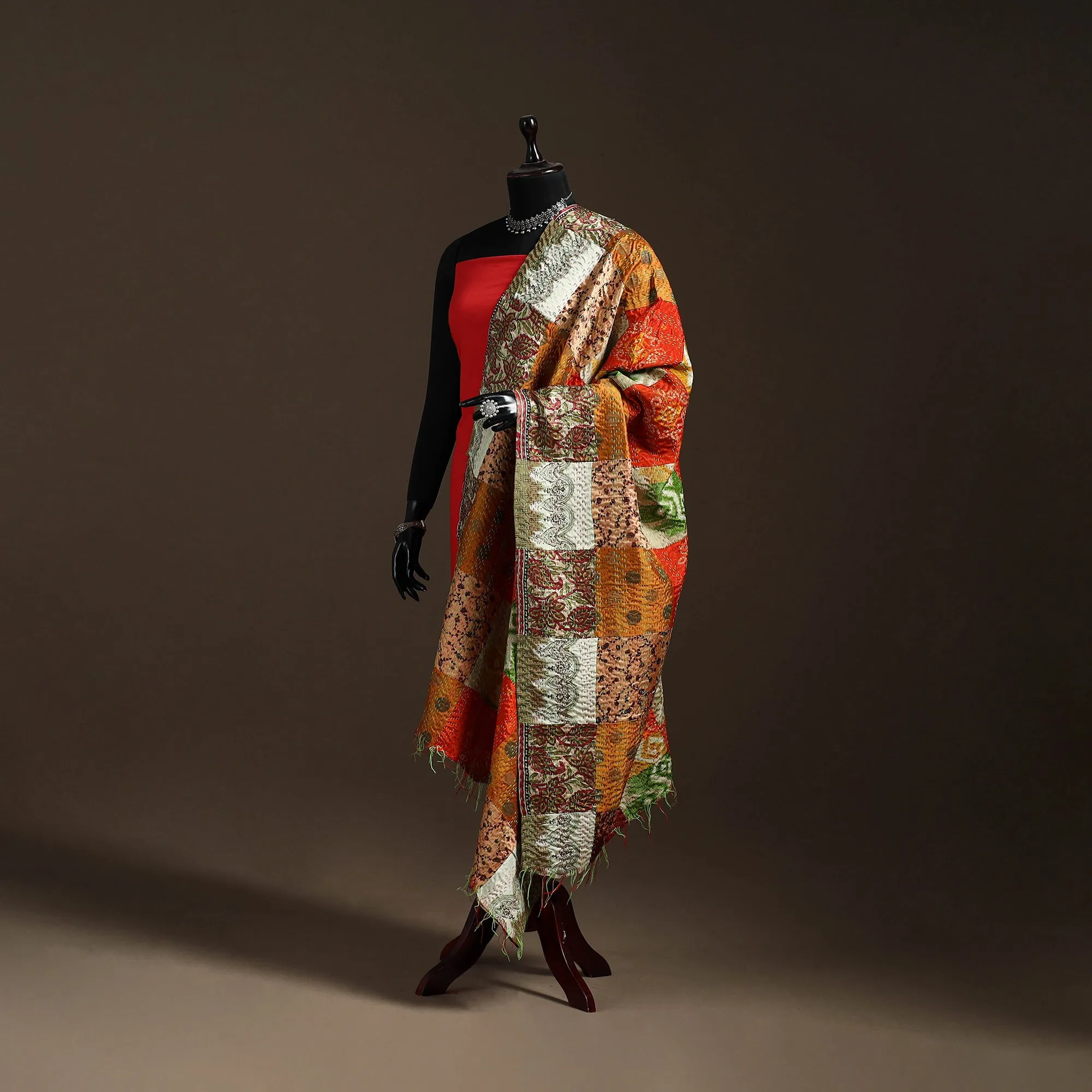 Multicolor - Bengal Hand Embroidery Patchwork Reversible Silk Kantha Dupatta 47 sold by Itokri