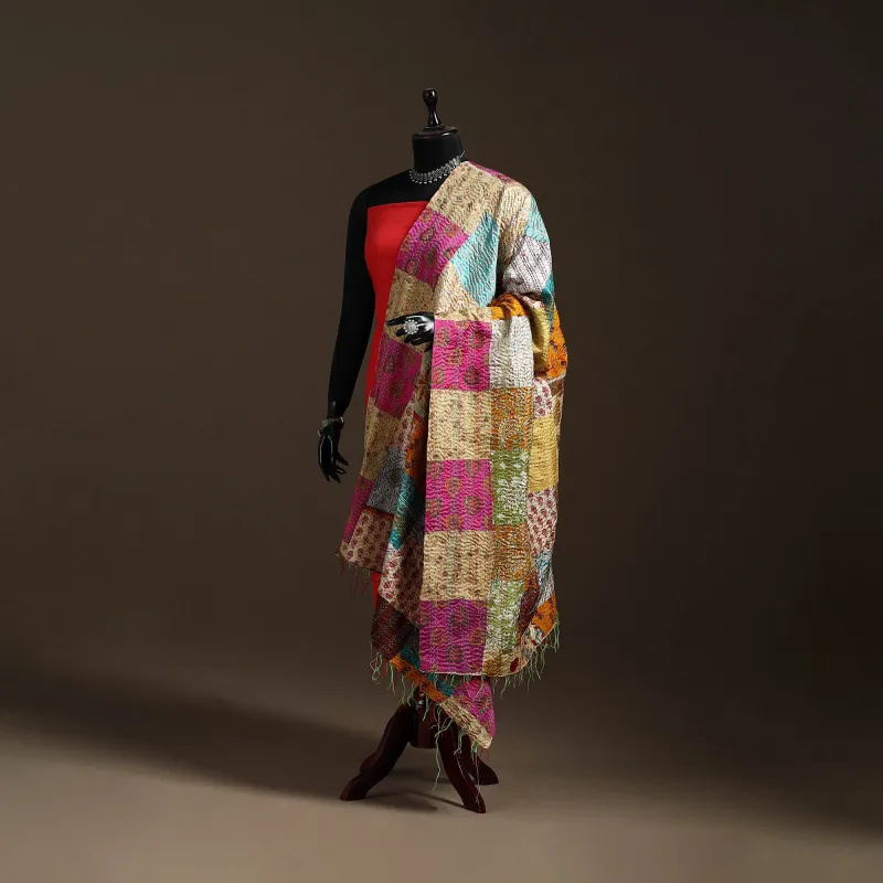 Multicolor - Bengal Hand Embroidery Patchwork Reversible Silk Kantha Dupatta 55 sold by Itokri