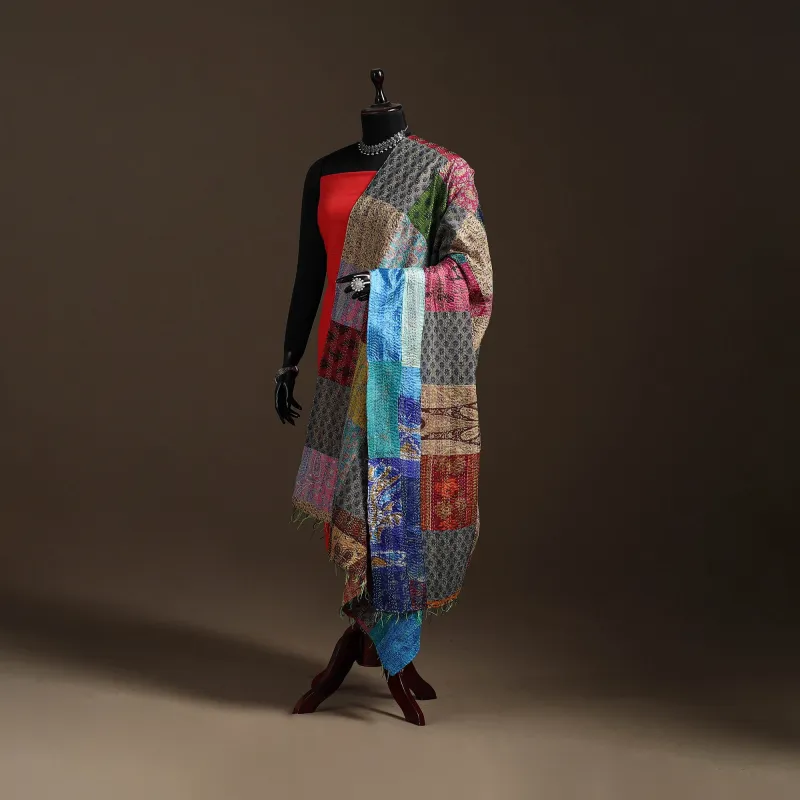 Multicolor - Bengal Hand Embroidery Patchwork Reversible Silk Kantha Dupatta 56 sold by Itokri