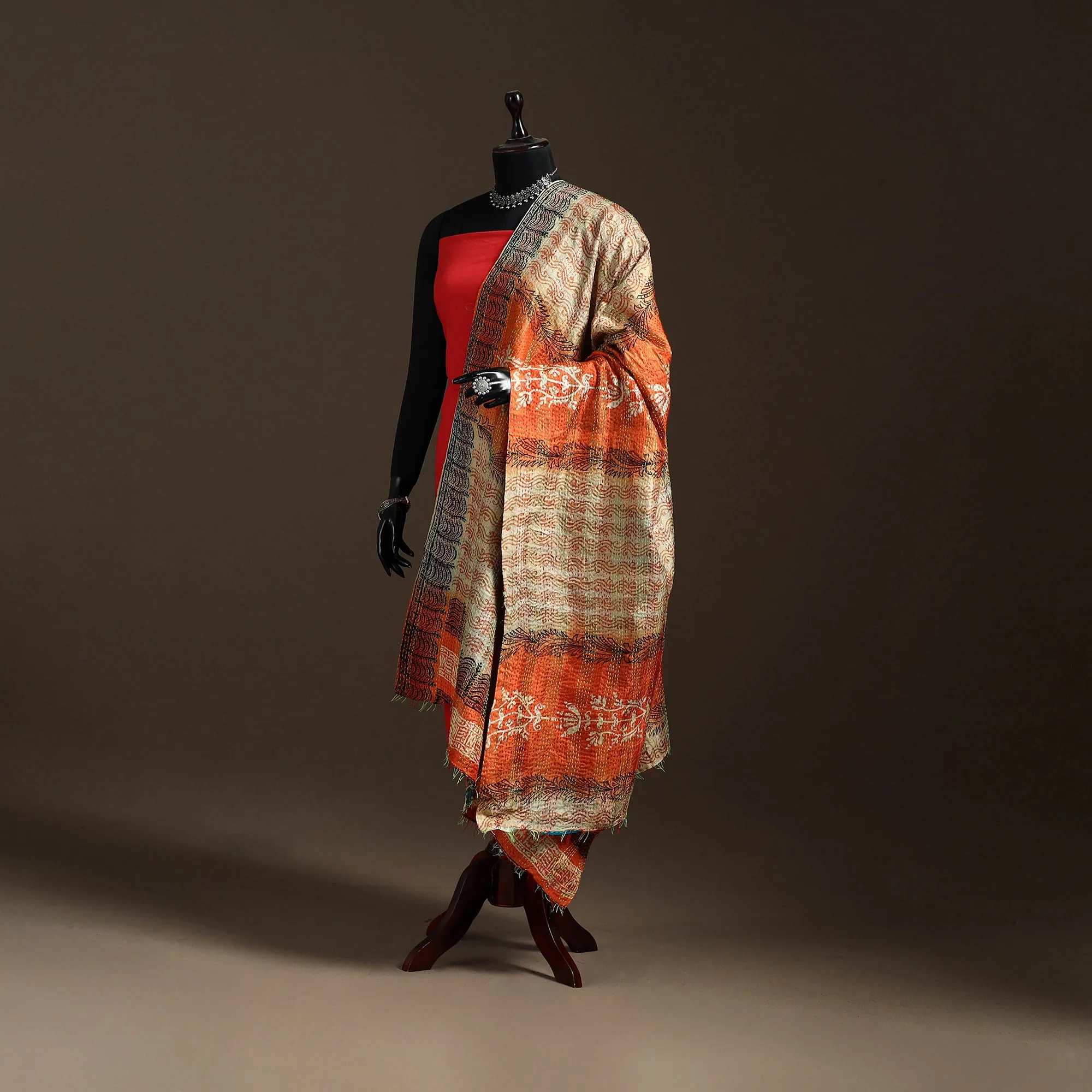 Multicolor - Bengal Hand Embroidery Patchwork Reversible Silk Kantha Dupatta 57 sold by Itokri product image thumbnail 5