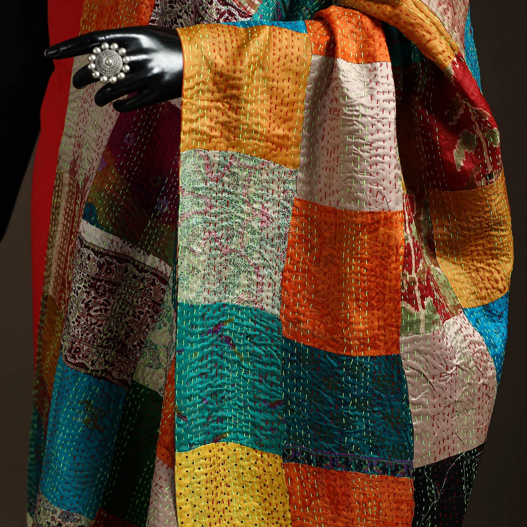 Multicolor - Bengal Hand Embroidery Patchwork Reversible Silk Kantha Dupatta 57 sold by Itokri product image thumbnail 3