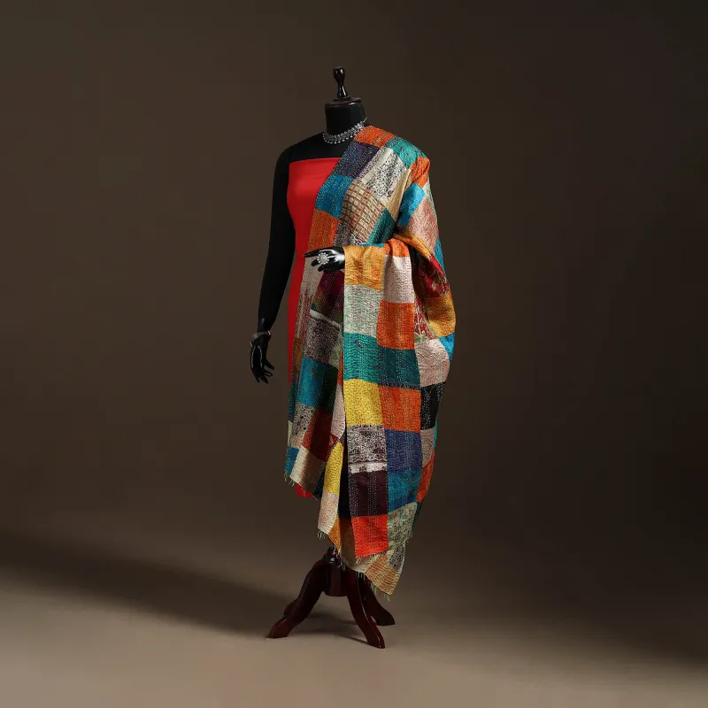 Multicolor - Bengal Hand Embroidery Patchwork Reversible Silk Kantha Dupatta 57 sold by Itokri