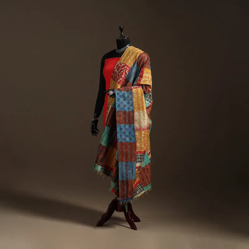 Multicolor - Bengal Hand Embroidery Patchwork Reversible Silk Kantha Dupatta 60 sold by Itokri