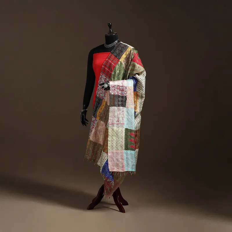 Multicolor - Bengal Hand Embroidery Patchwork Reversible Silk Kantha Dupatta 61 sold by Itokri