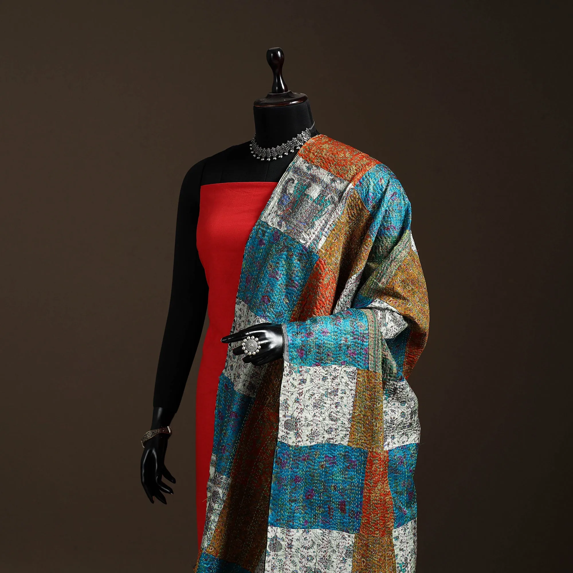 Multicolor - Bengal Hand Embroidery Patchwork Reversible Silk Kantha Dupatta 63 sold by Itokri product image thumbnail 2