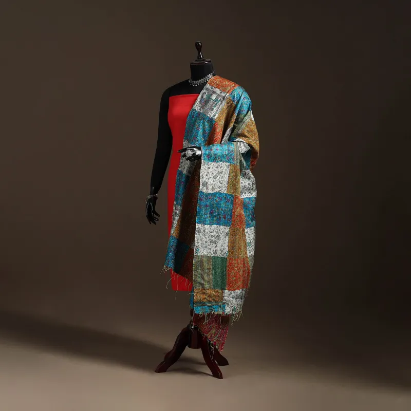 Multicolor - Bengal Hand Embroidery Patchwork Reversible Silk Kantha Dupatta 63 sold by Itokri