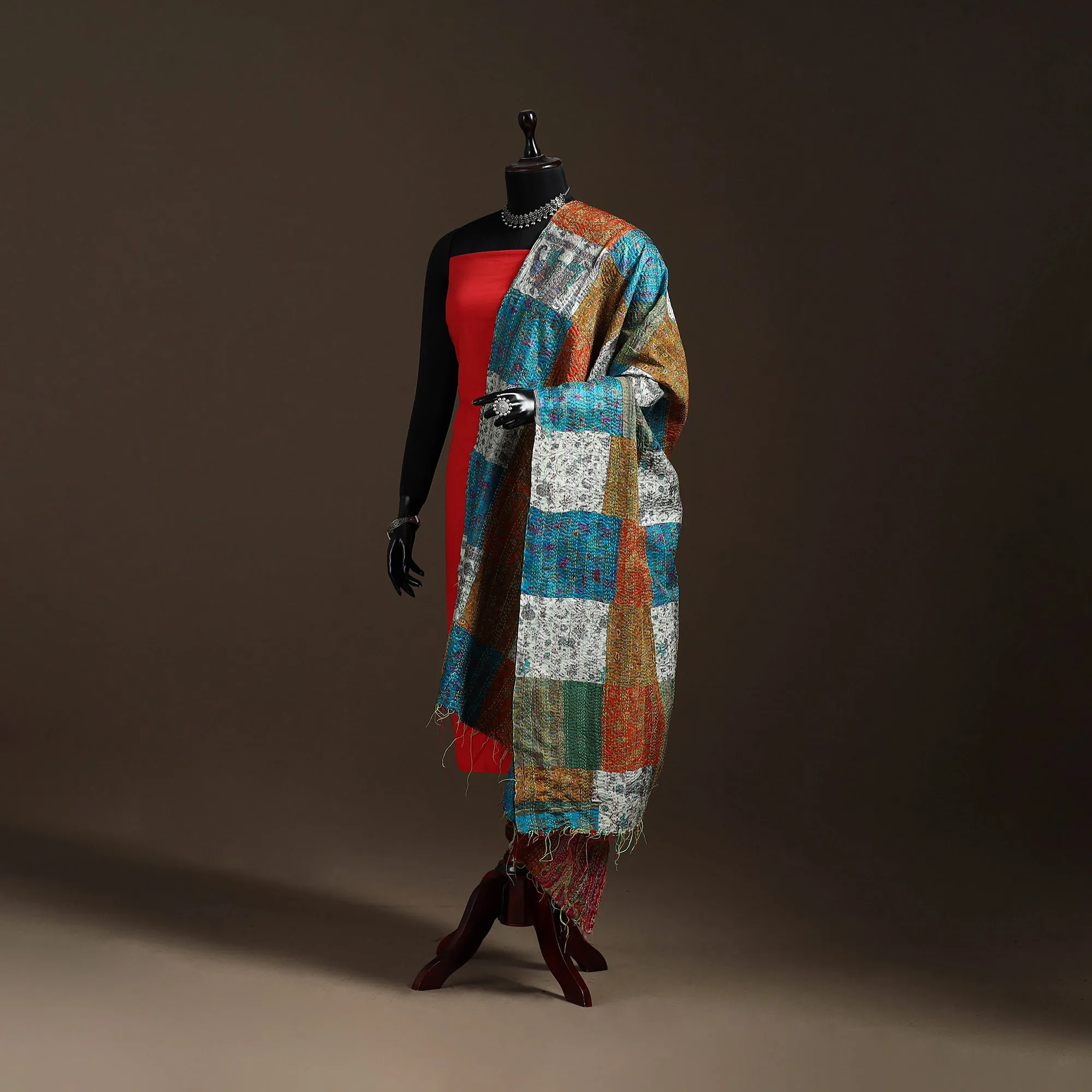 Multicolor - Bengal Hand Embroidery Patchwork Reversible Silk Kantha Dupatta 63 sold by Itokri