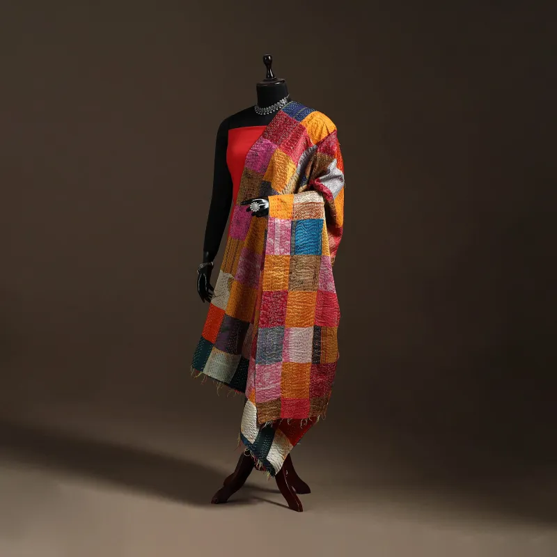 Multicolor - Bengal Hand Embroidery Patchwork Reversible Silk Kantha Dupatta 66 sold by Itokri