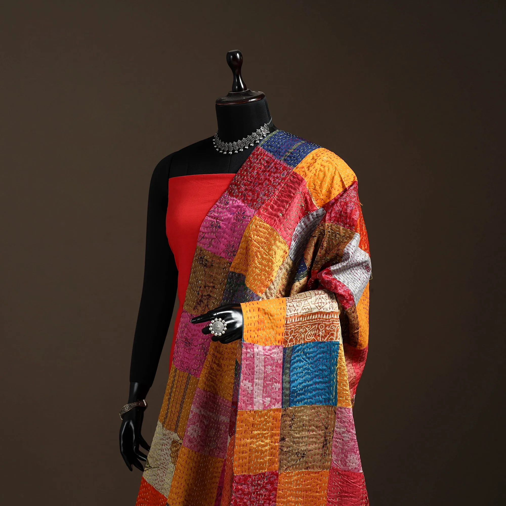 Multicolor - Bengal Hand Embroidery Patchwork Reversible Silk Kantha Dupatta 66 sold by Itokri product image thumbnail 2