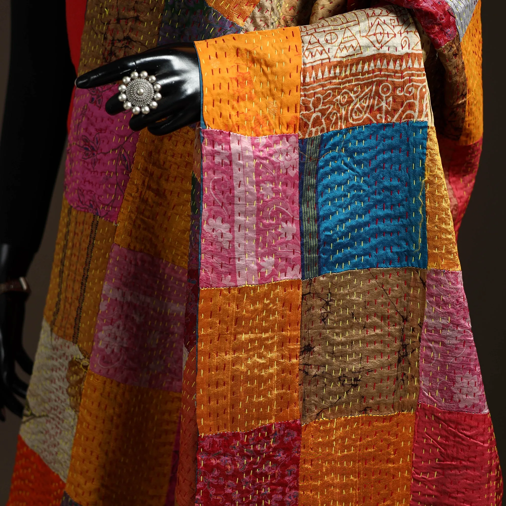 Multicolor - Bengal Hand Embroidery Patchwork Reversible Silk Kantha Dupatta 66 sold by Itokri product image thumbnail 3