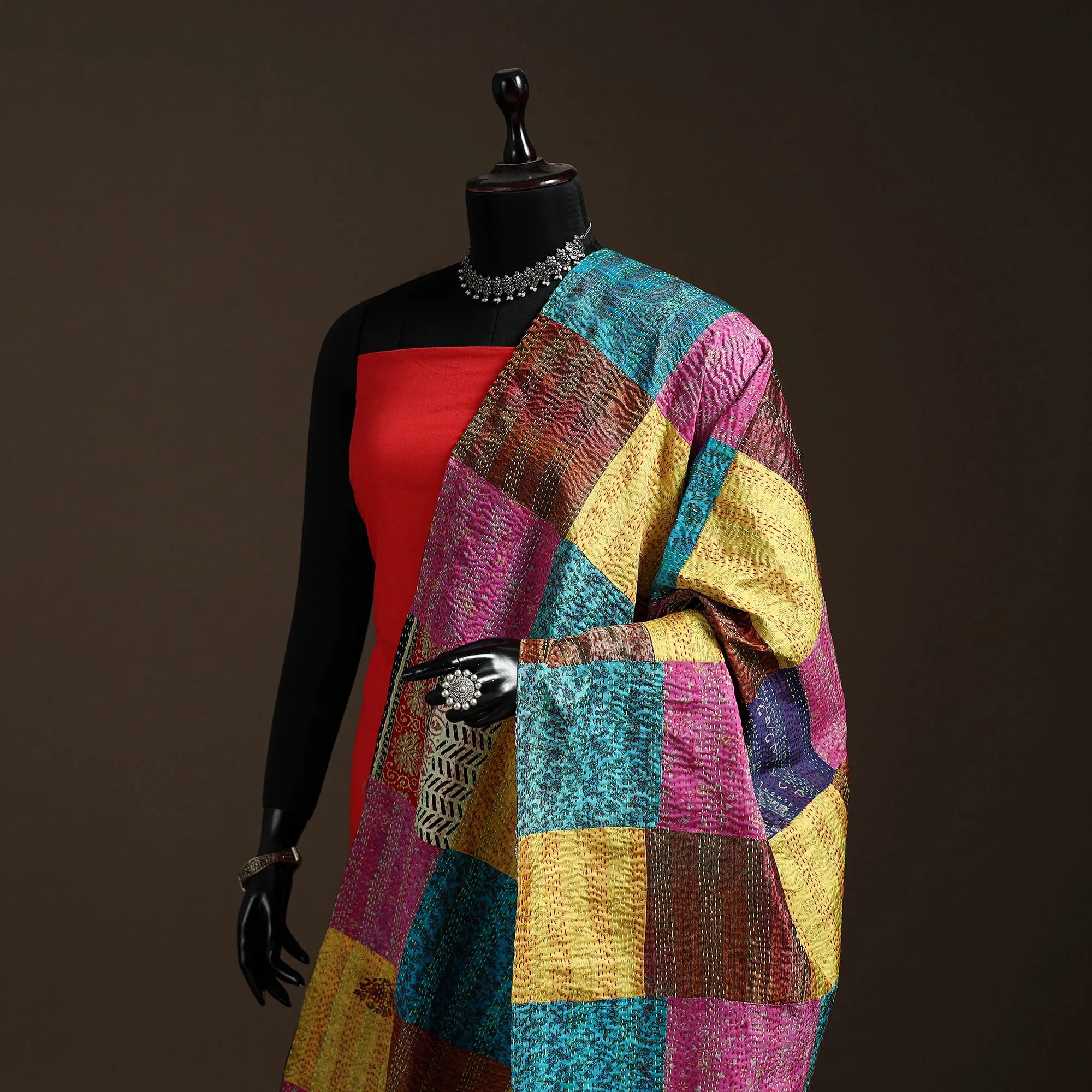 Multicolor - Bengal Hand Embroidery Patchwork Reversible Silk Kantha Dupatta 68 sold by Itokri product image thumbnail 2