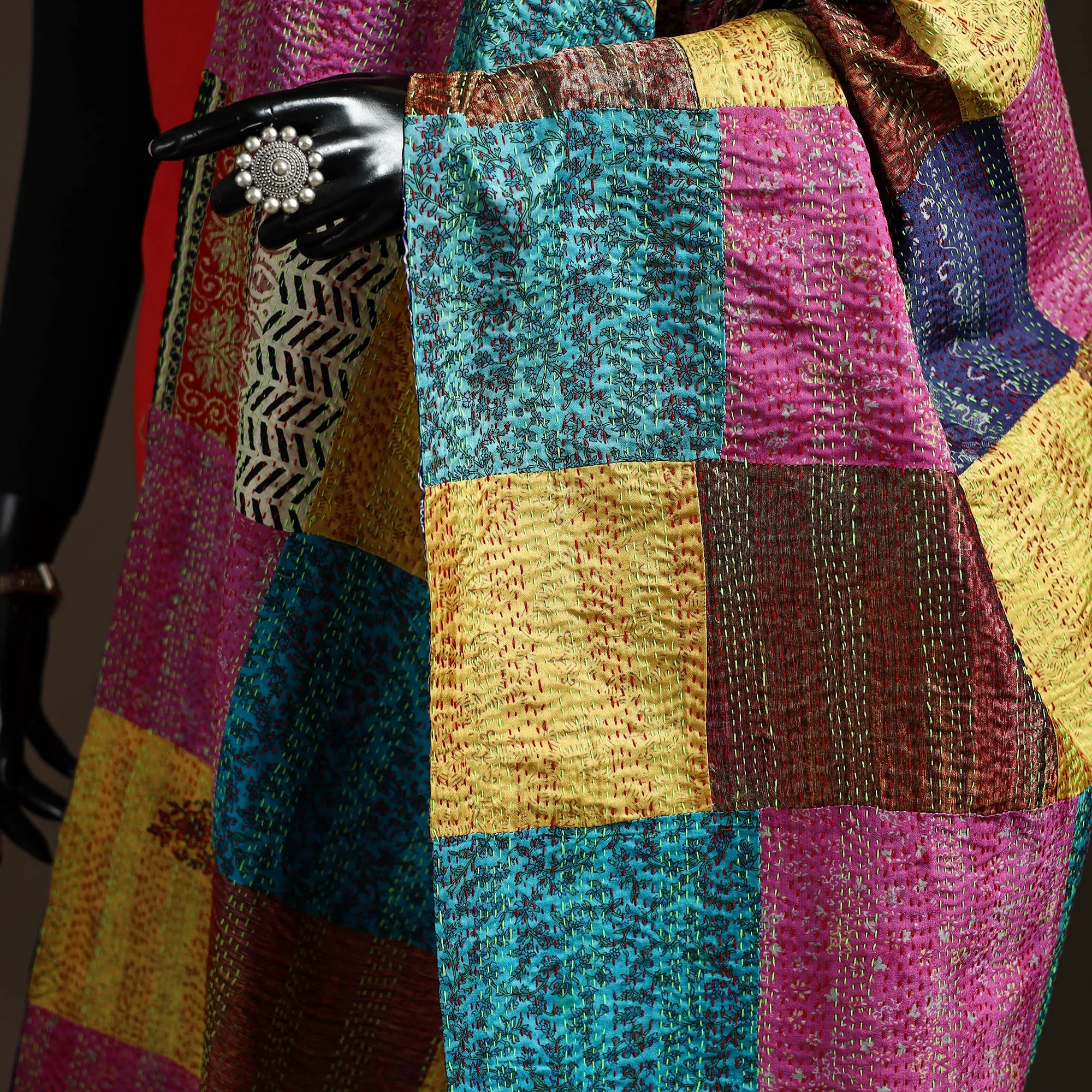 Multicolor - Bengal Hand Embroidery Patchwork Reversible Silk Kantha Dupatta 68 sold by Itokri product image thumbnail 3