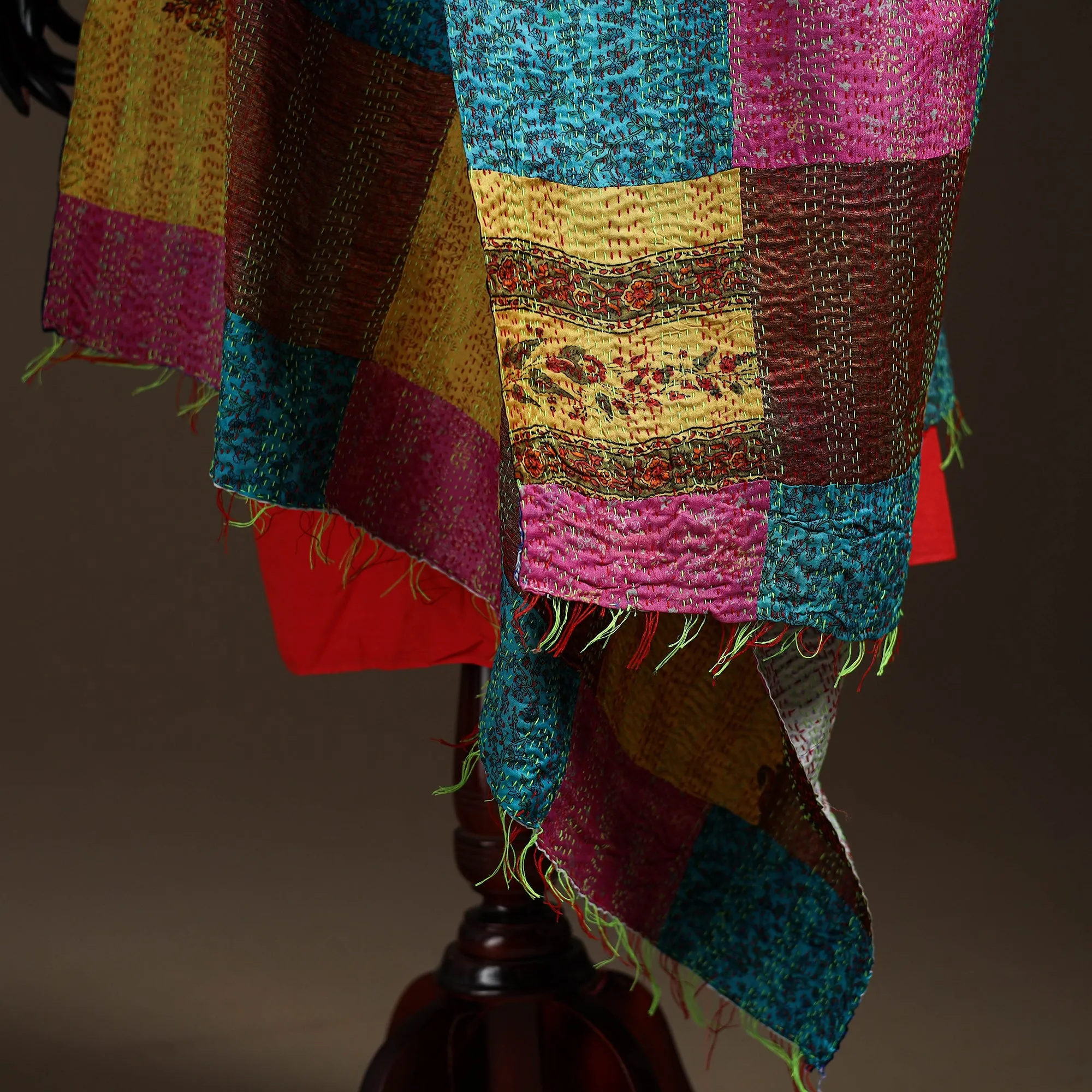 Multicolor - Bengal Hand Embroidery Patchwork Reversible Silk Kantha Dupatta 68 sold by Itokri product image thumbnail 4