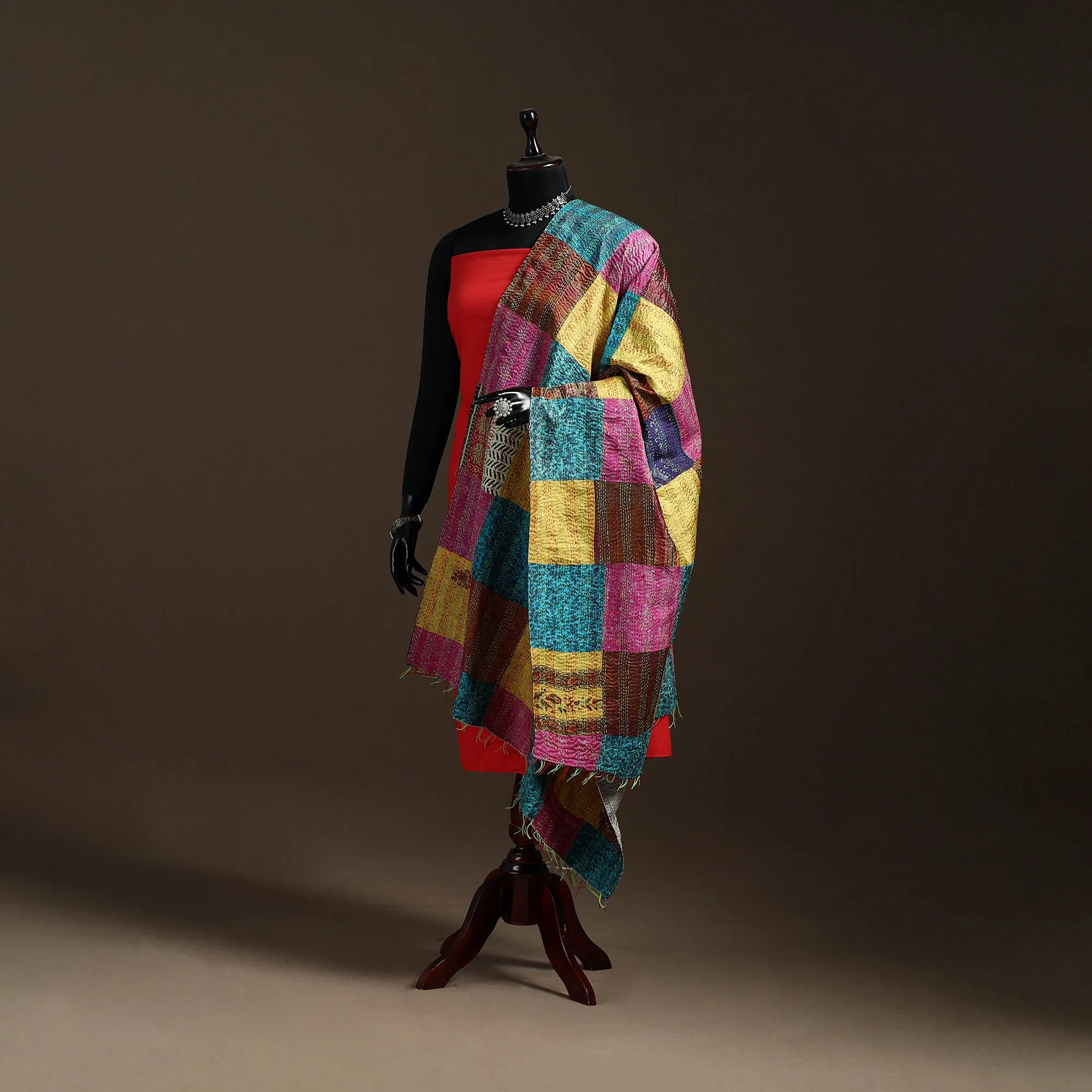 Multicolor - Bengal Hand Embroidery Patchwork Reversible Silk Kantha Dupatta 68 sold by Itokri