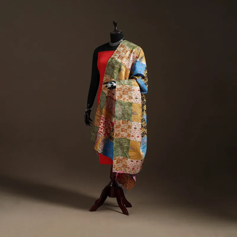 Multicolor - Bengal Hand Embroidery Patchwork Reversible Silk Kantha Dupatta 69 sold by Itokri