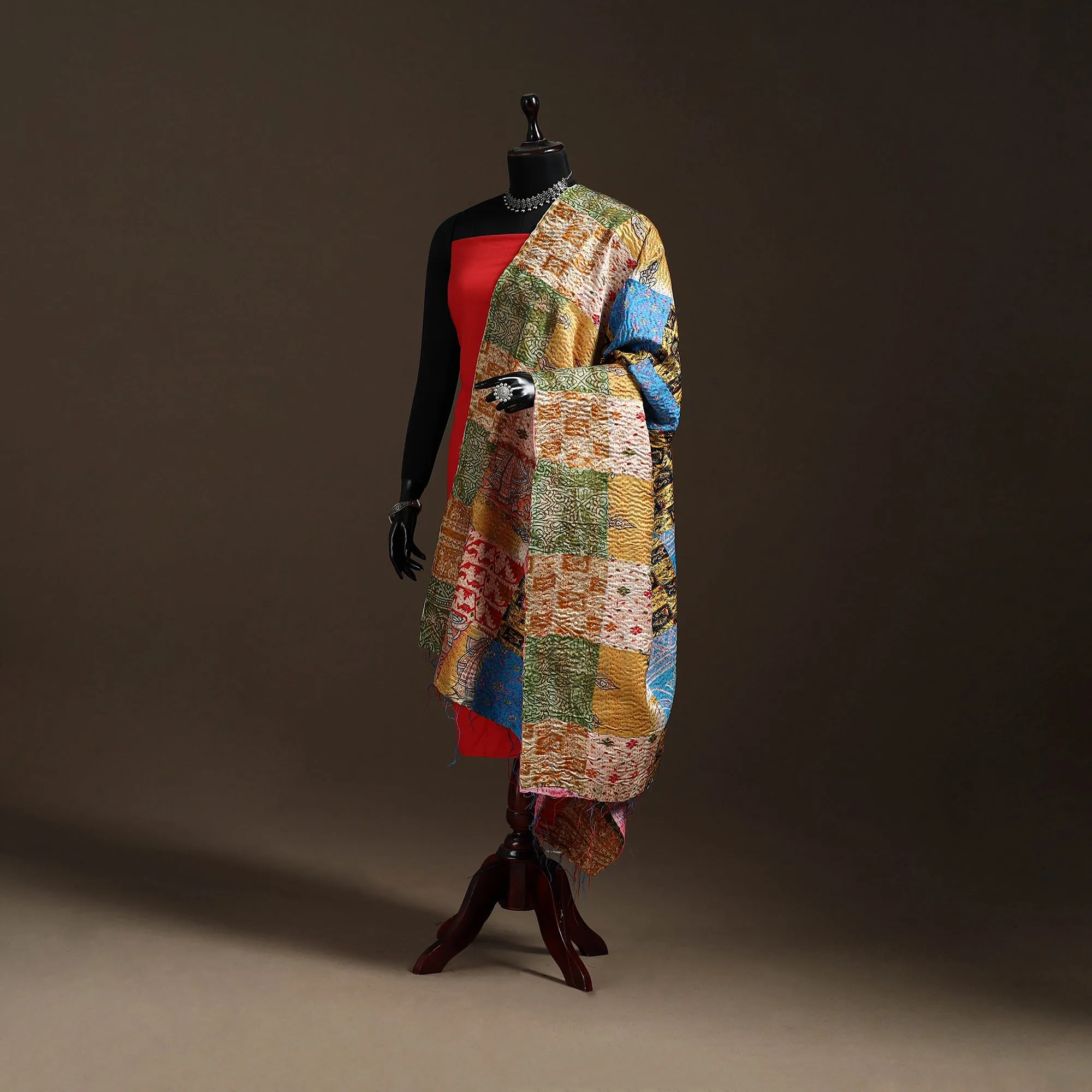 Multicolor - Bengal Hand Embroidery Patchwork Reversible Silk Kantha Dupatta 69 sold by Itokri