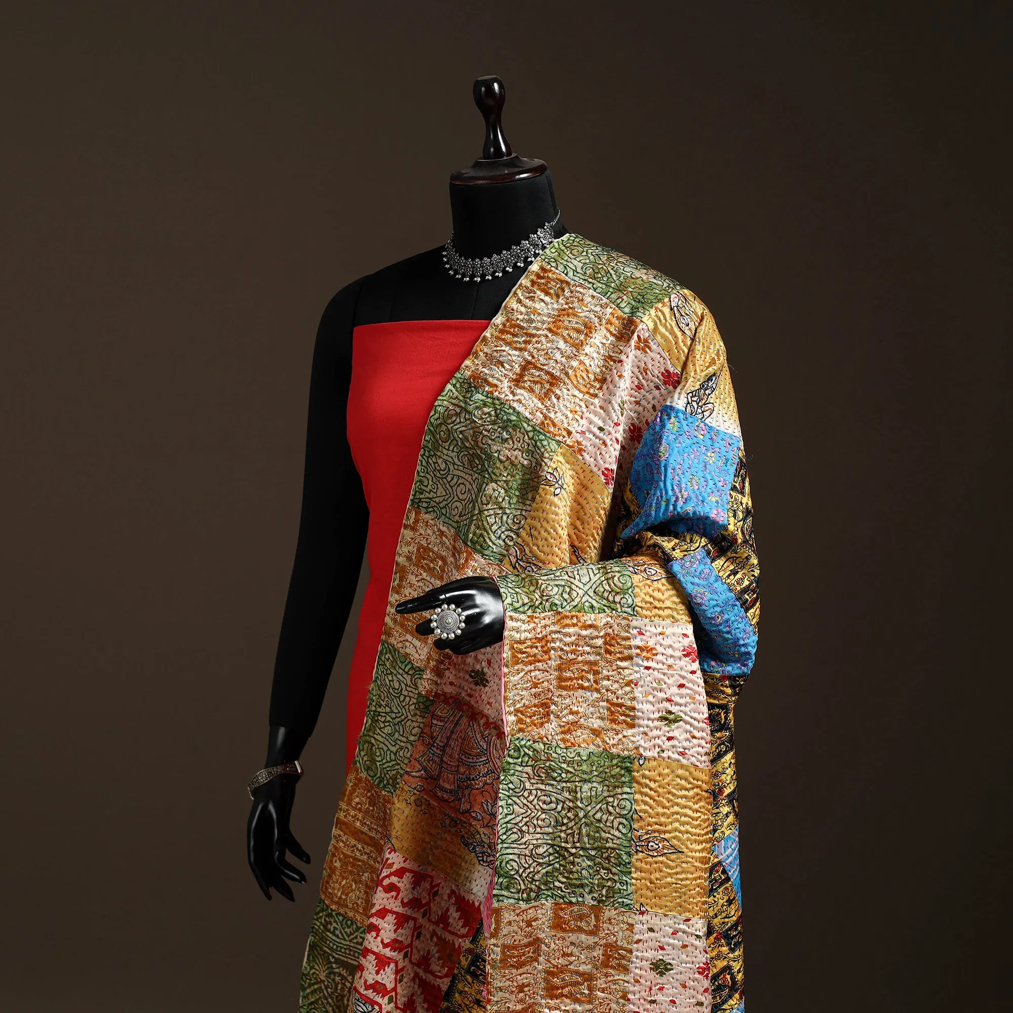 Multicolor - Bengal Hand Embroidery Patchwork Reversible Silk Kantha Dupatta 69 sold by Itokri product image thumbnail 2