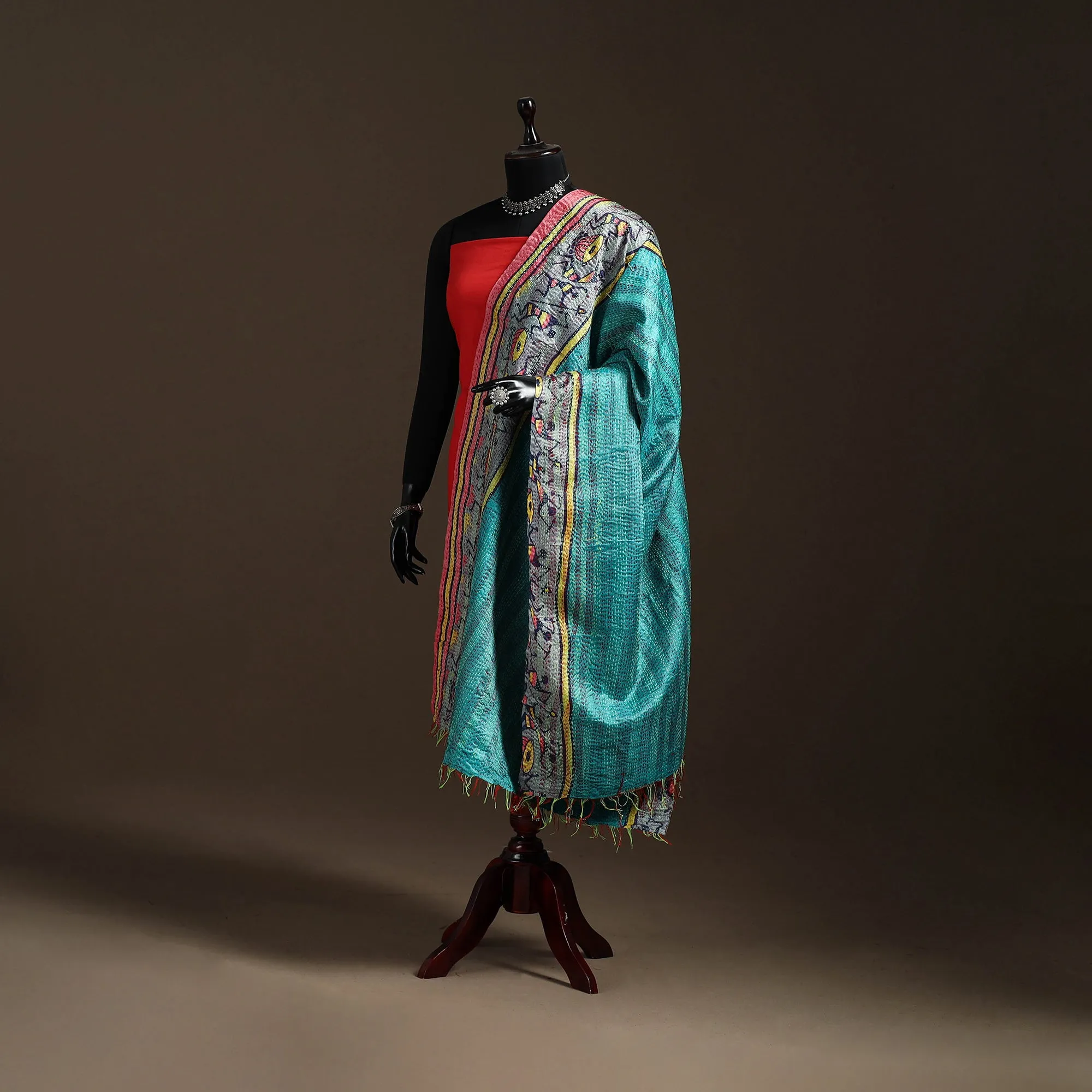 Multicolor - Bengal Hand Embroidery Patchwork Reversible Silk Kantha Dupatta 70 sold by Itokri product image thumbnail 5