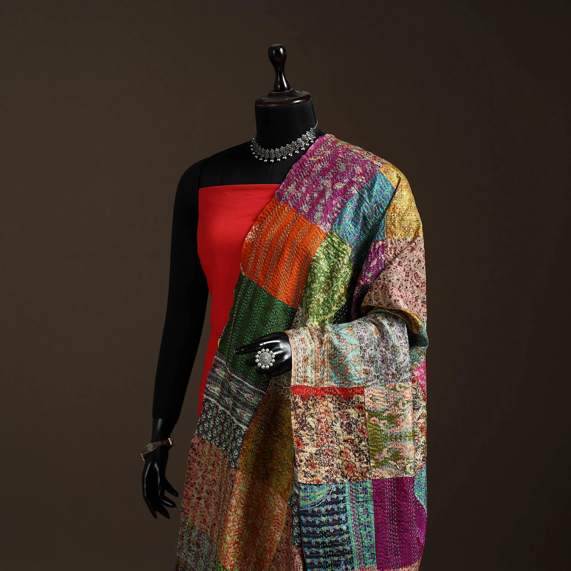 Multicolor - Bengal Hand Embroidery Patchwork Reversible Silk Kantha Dupatta 70 sold by Itokri product image thumbnail 2
