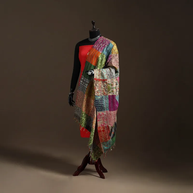 Multicolor - Bengal Hand Embroidery Patchwork Reversible Silk Kantha Dupatta 70 sold by Itokri