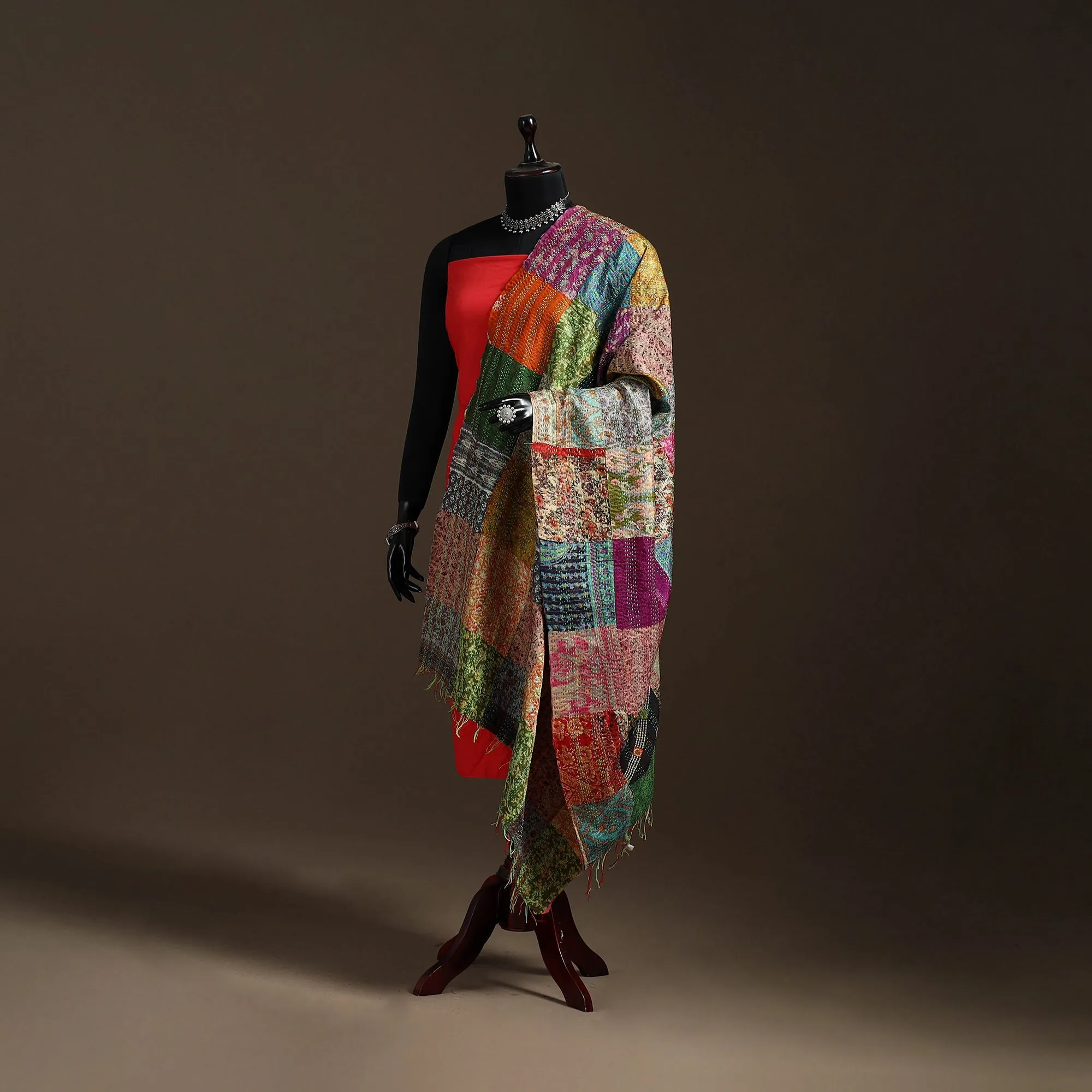 Multicolor - Bengal Hand Embroidery Patchwork Reversible Silk Kantha Dupatta 70 sold by Itokri