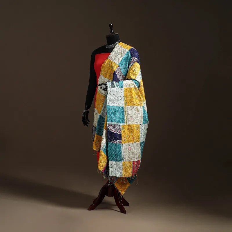 Multicolor - Bengal Hand Embroidery Patchwork Reversible Silk Kantha Dupatta 71 sold by Itokri