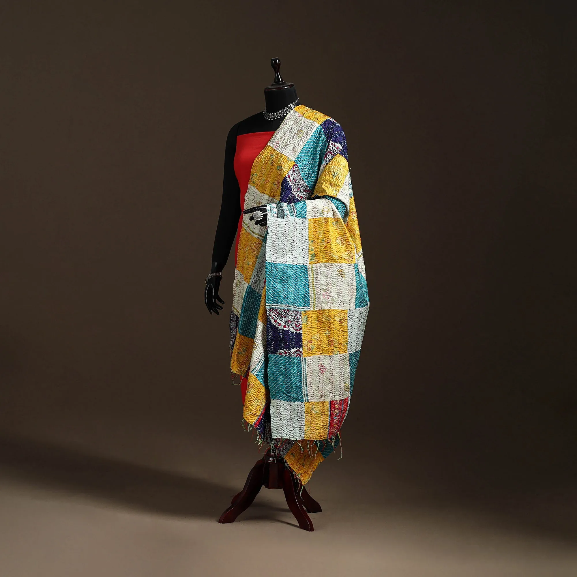 Multicolor - Bengal Hand Embroidery Patchwork Reversible Silk Kantha Dupatta 71 sold by Itokri