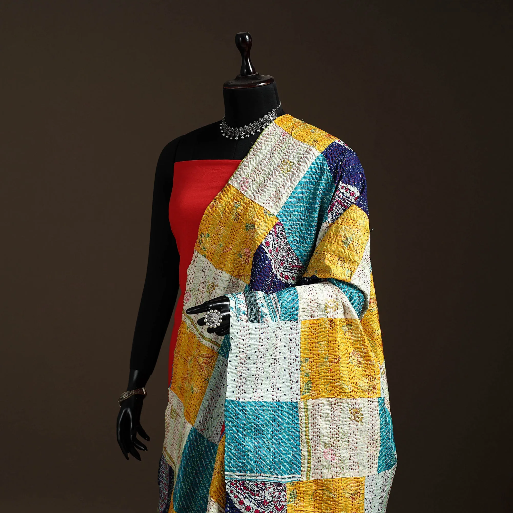 Multicolor - Bengal Hand Embroidery Patchwork Reversible Silk Kantha Dupatta 71 sold by Itokri product image thumbnail 2
