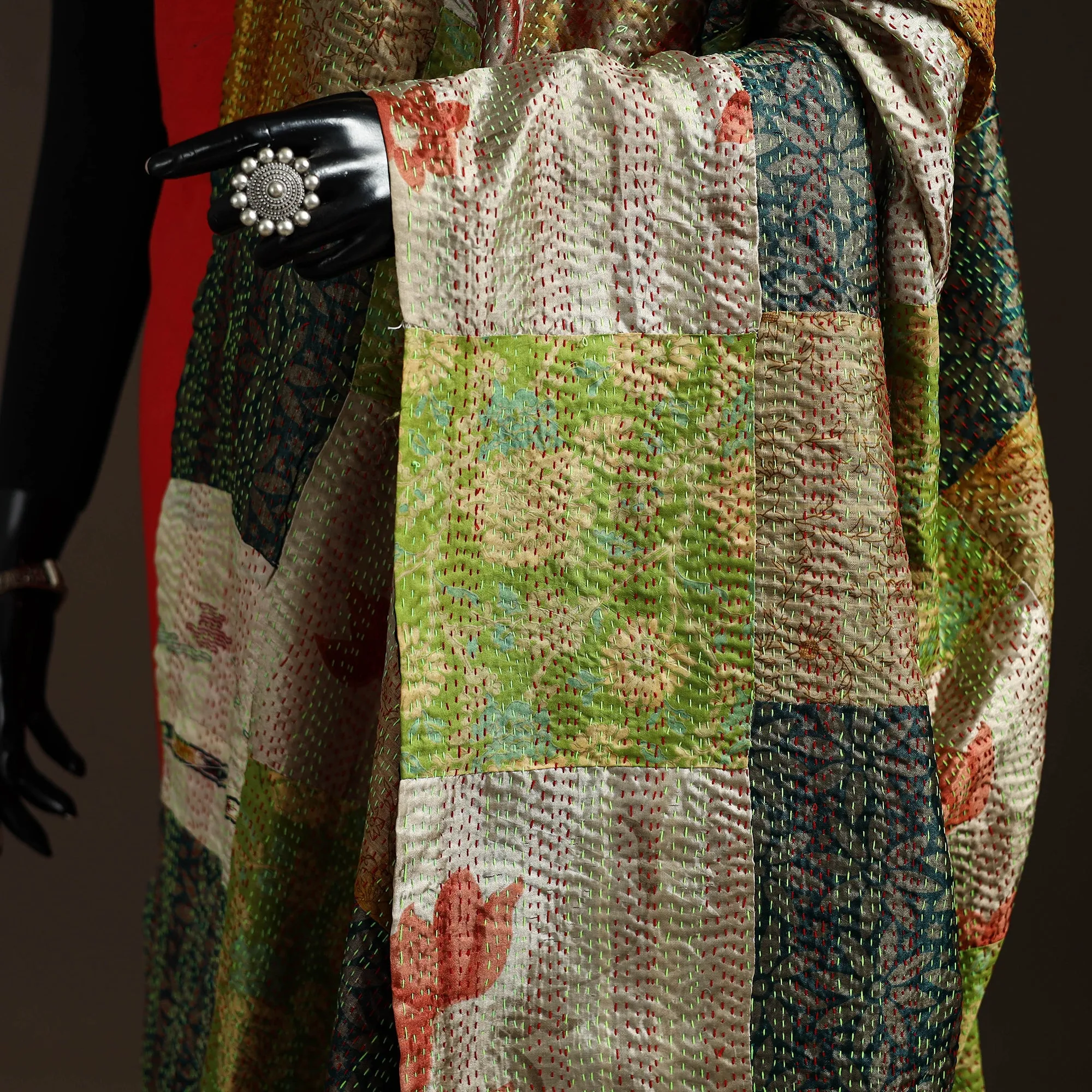 Multicolor - Bengal Hand Embroidery Patchwork Reversible Silk Kantha Dupatta 72 sold by Itokri product image thumbnail 3