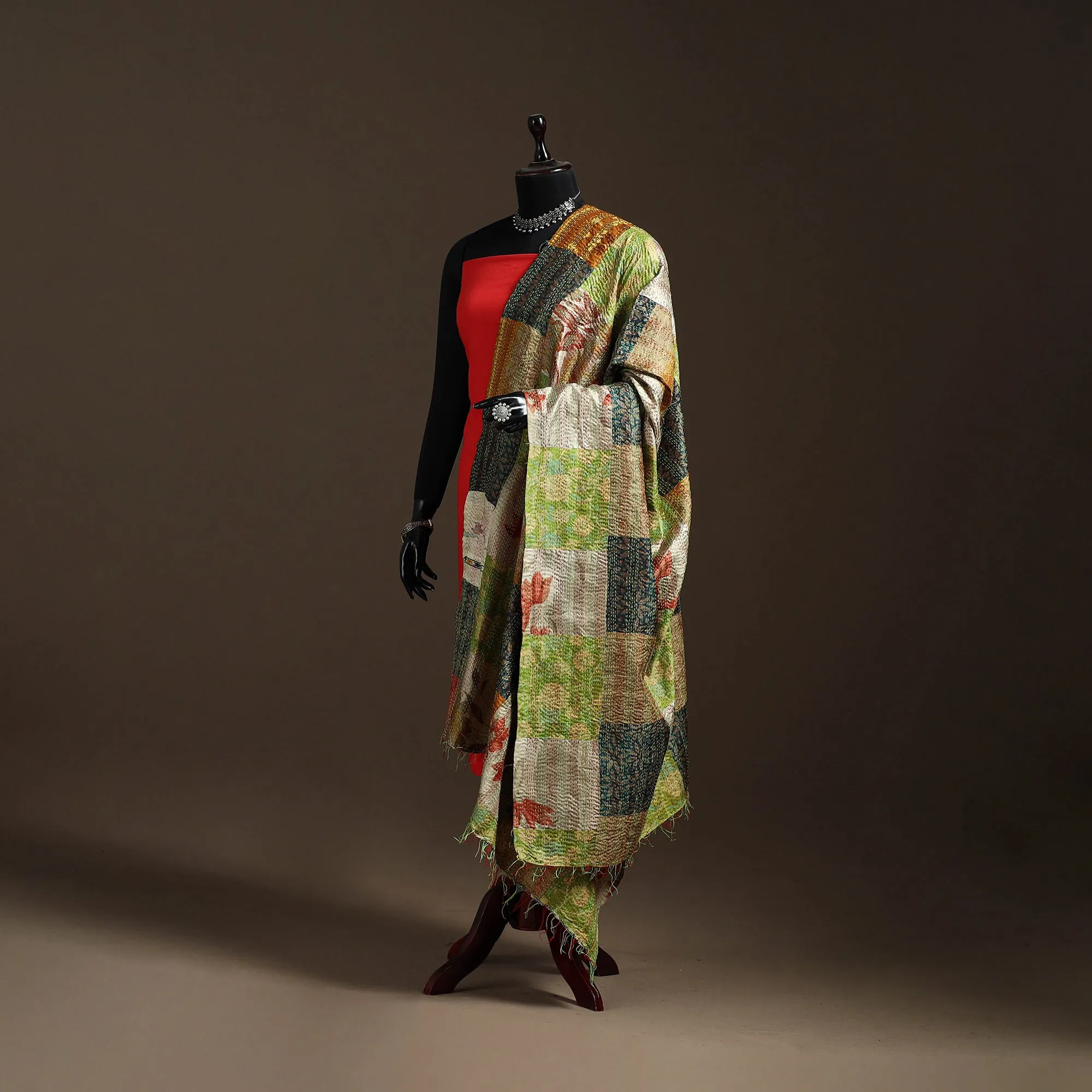 Multicolor - Bengal Hand Embroidery Patchwork Reversible Silk Kantha Dupatta 72 sold by Itokri