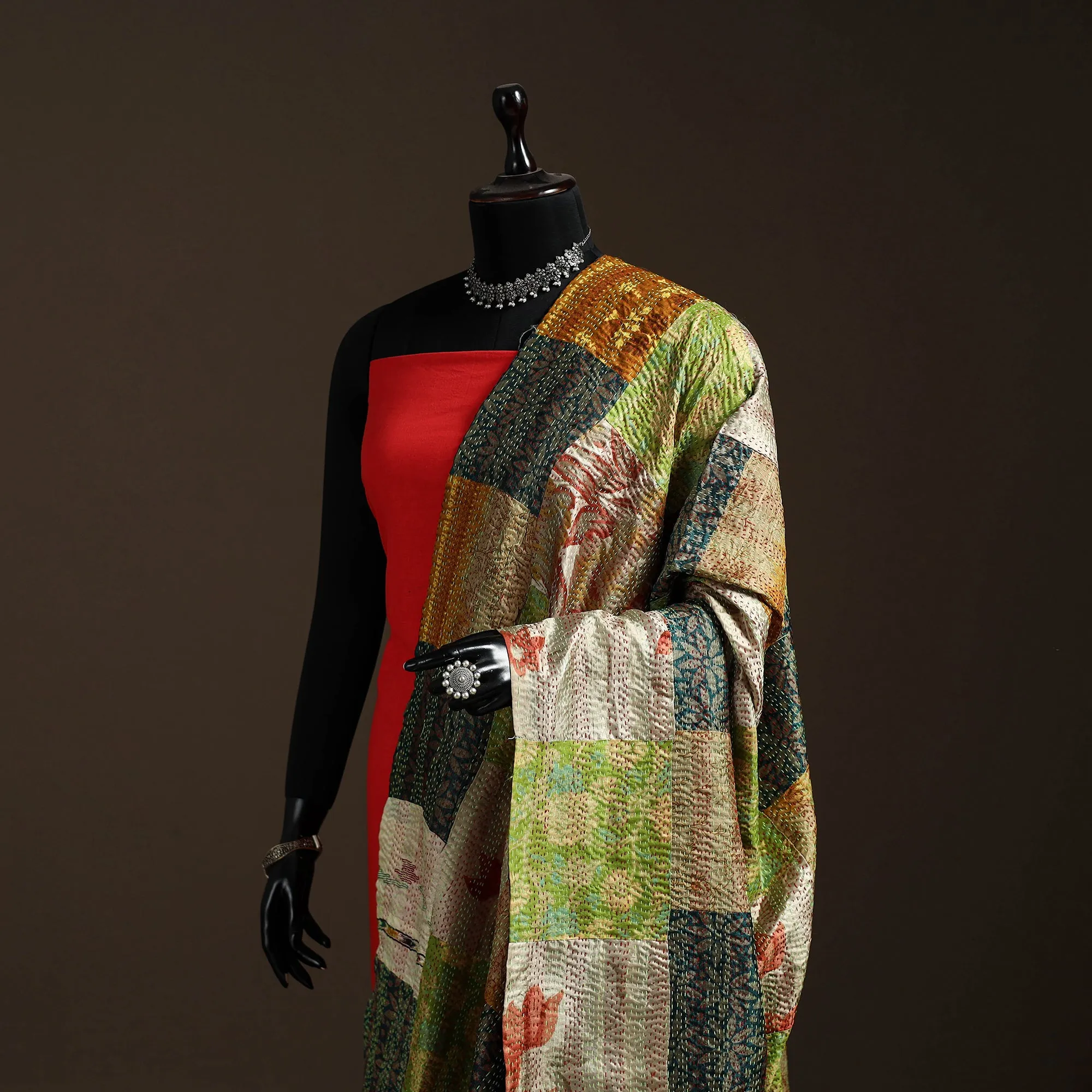 Multicolor - Bengal Hand Embroidery Patchwork Reversible Silk Kantha Dupatta 72 sold by Itokri product image thumbnail 2