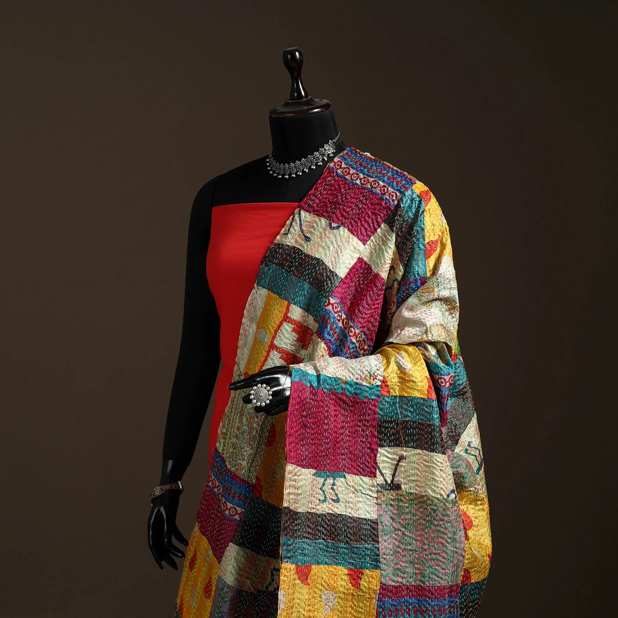 Multicolor - Bengal Hand Embroidery Patchwork Reversible Silk Kantha Dupatta 73 sold by Itokri product image thumbnail 2