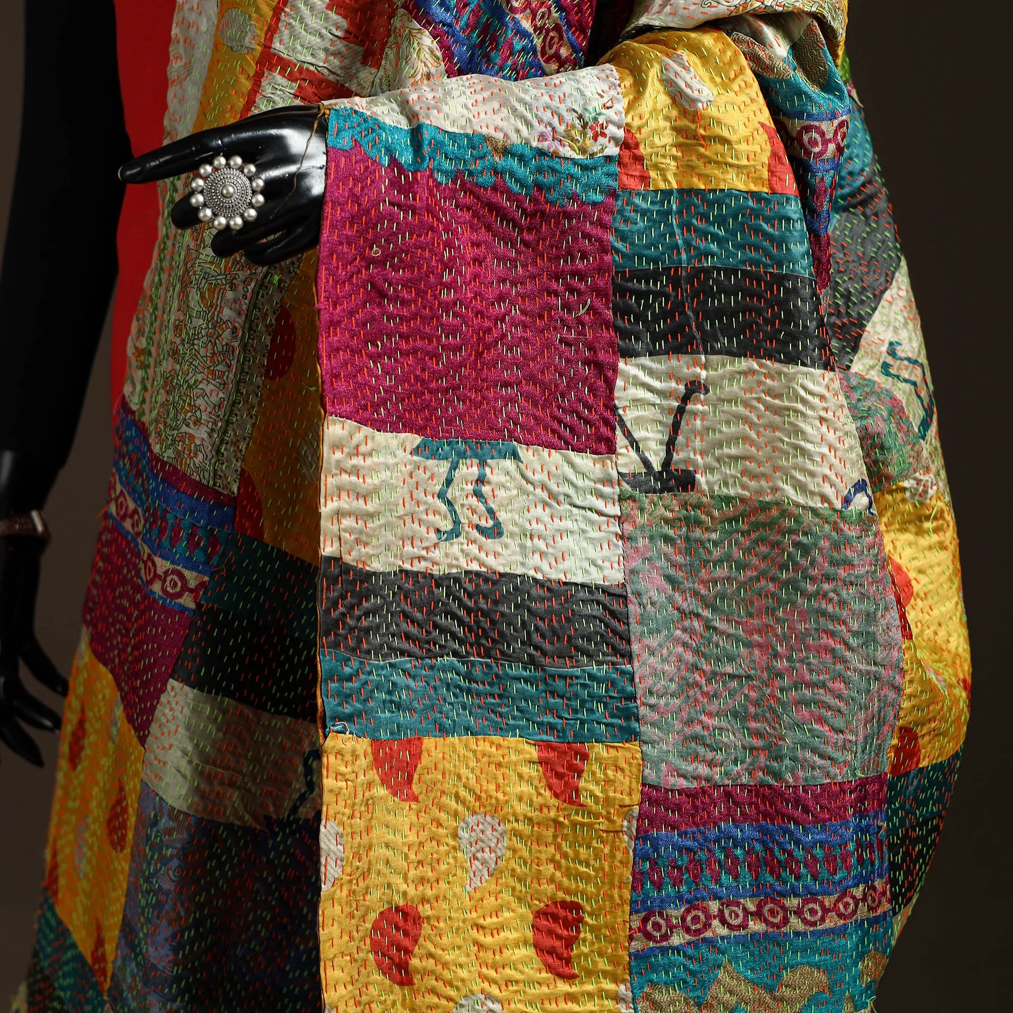 Multicolor - Bengal Hand Embroidery Patchwork Reversible Silk Kantha Dupatta 73 sold by Itokri product image thumbnail 3