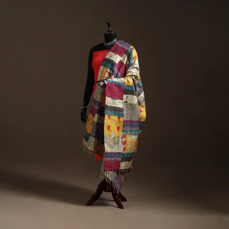 Multicolor - Bengal Hand Embroidery Patchwork Reversible Silk Kantha Dupatta 73 sold by Itokri