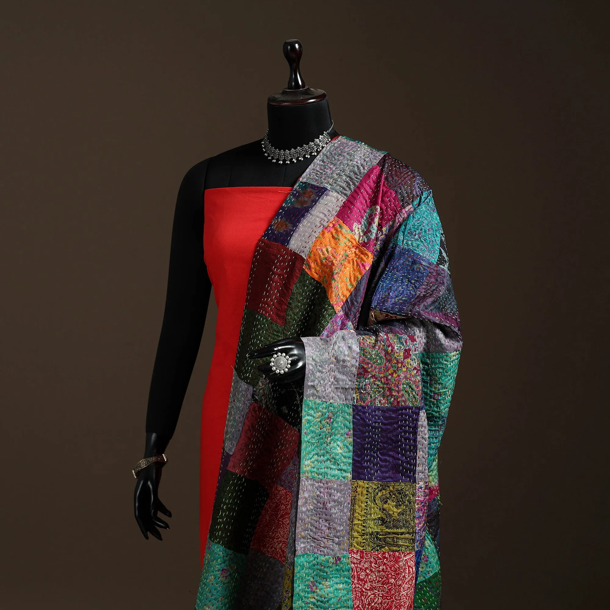 Multicolor - Bengal Hand Embroidery Patchwork Reversible Silk Kantha Dupatta 98 sold by Itokri product image thumbnail 2