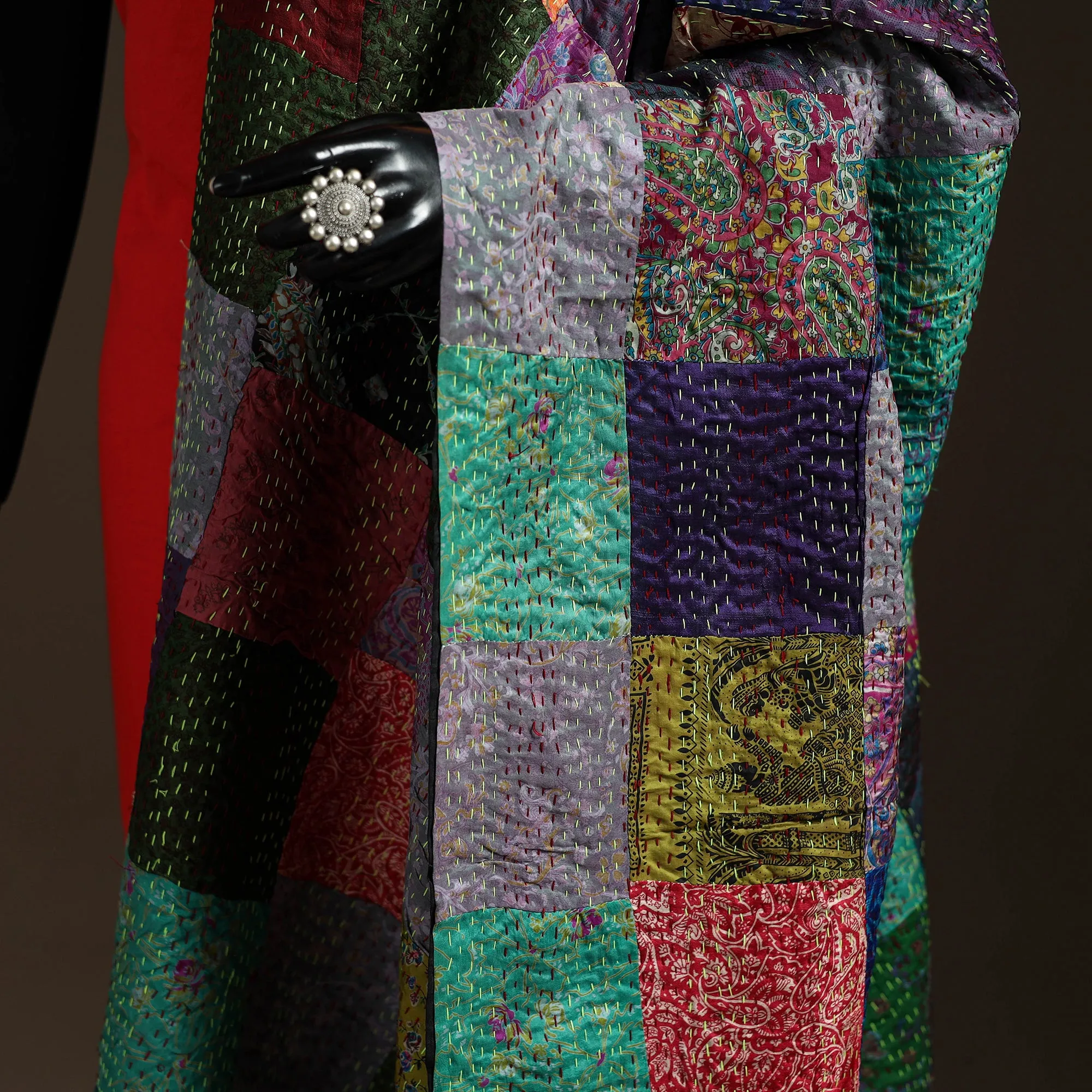 Multicolor - Bengal Hand Embroidery Patchwork Reversible Silk Kantha Dupatta 98 sold by Itokri product image thumbnail 3