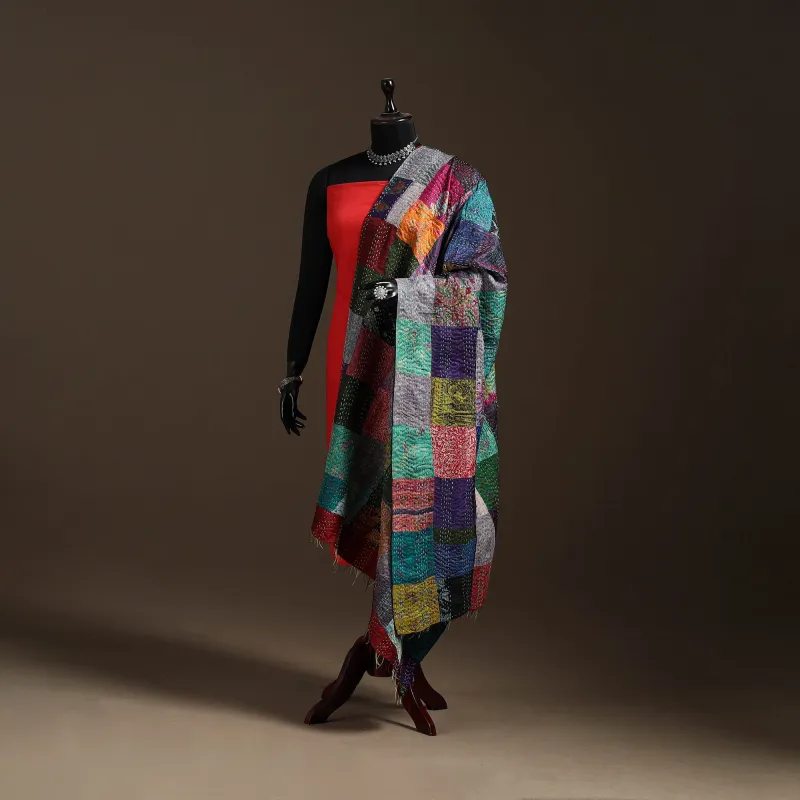 Multicolor - Bengal Hand Embroidery Patchwork Reversible Silk Kantha Dupatta 98 sold by Itokri