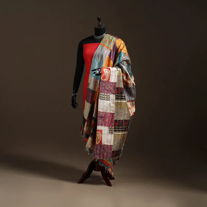 Multicolor - Bengal Hand Embroidery Patchwork Reversible Silk Kantha Dupatta 100 sold by Itokri