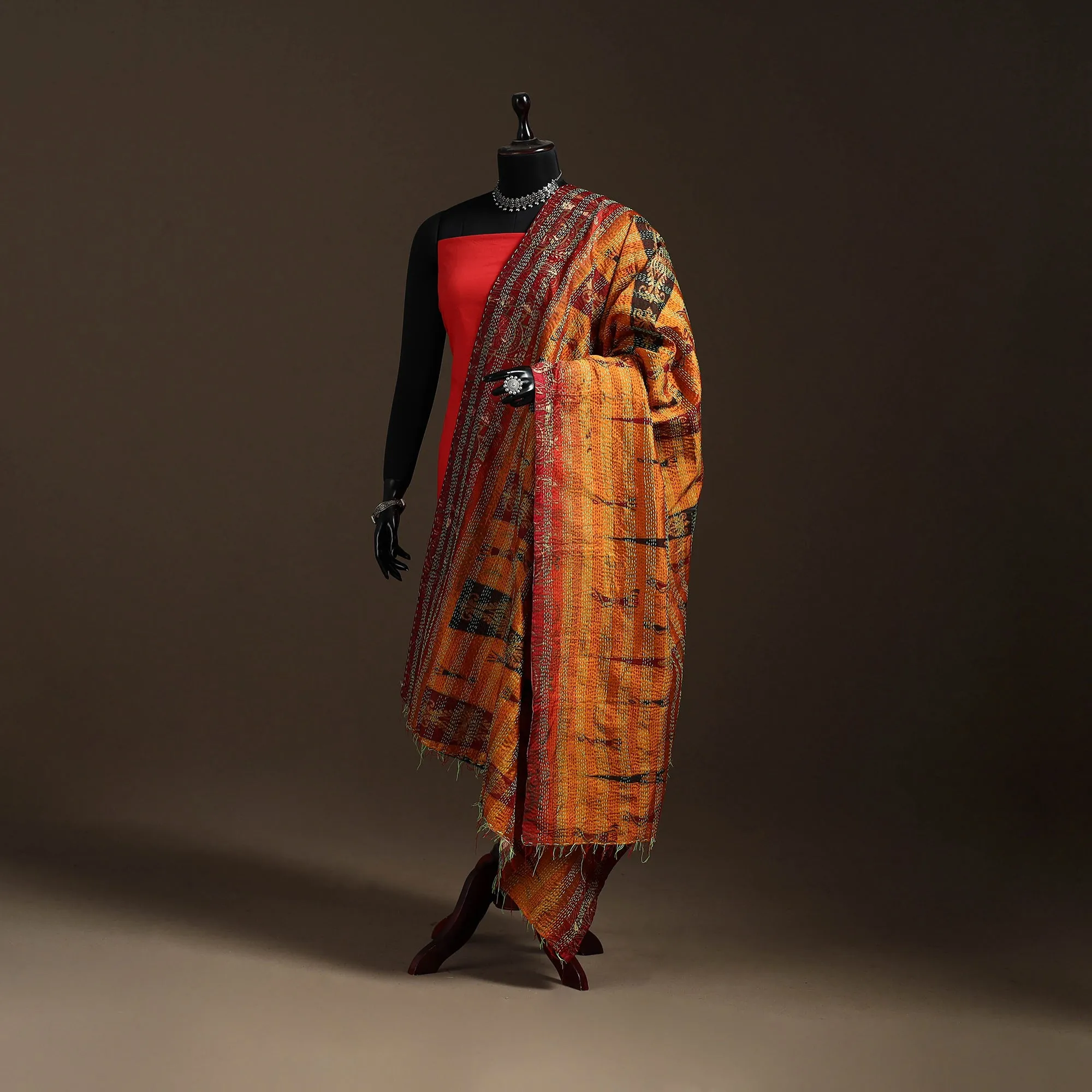 Multicolor - Bengal Hand Embroidery Patchwork Reversible Silk Kantha Dupatta 100 sold by Itokri product image thumbnail 5