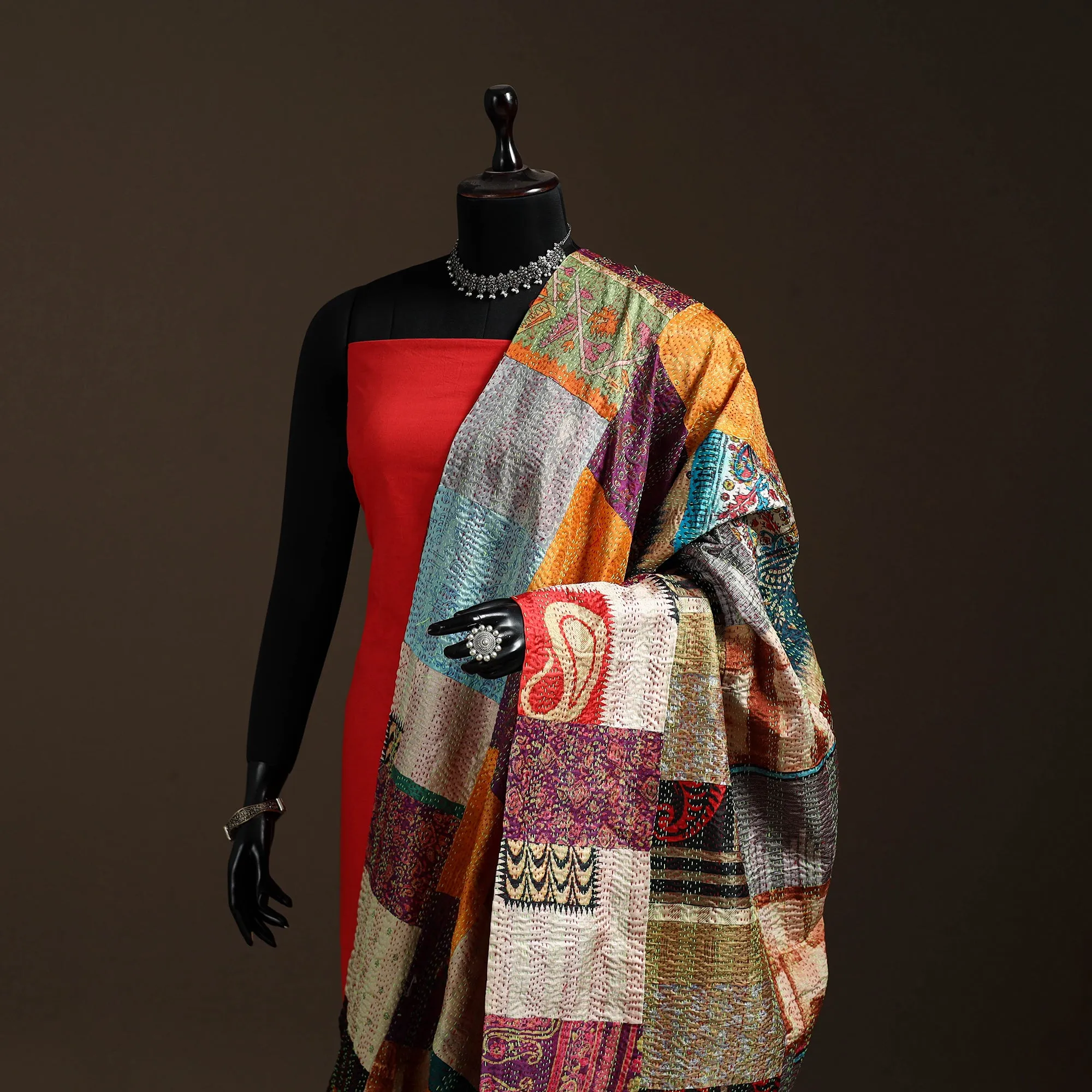 Multicolor - Bengal Hand Embroidery Patchwork Reversible Silk Kantha Dupatta 100 sold by Itokri product image thumbnail 2