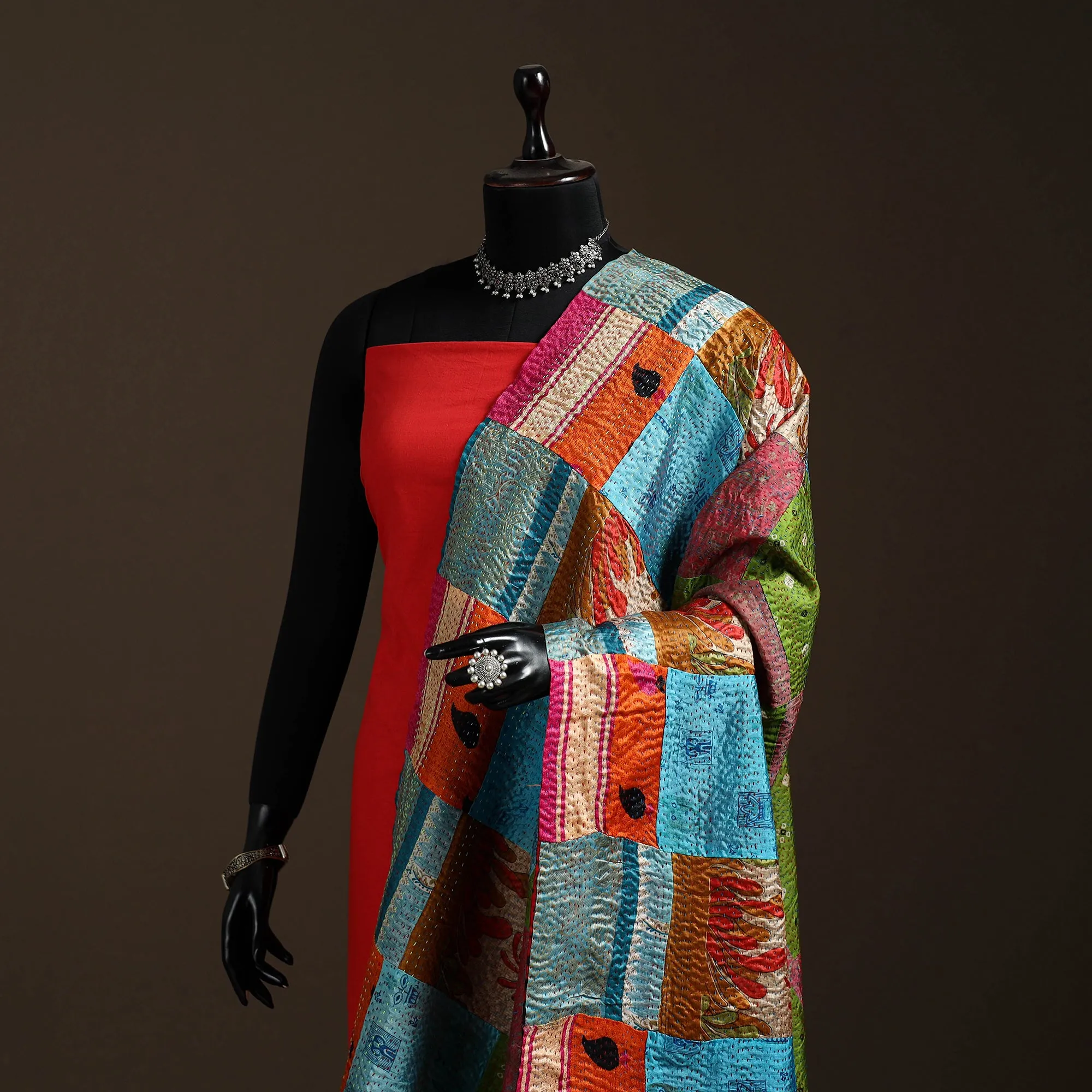 Multicolor - Bengal Hand Embroidery Patchwork Reversible Silk Kantha Dupatta 96 sold by Itokri product image thumbnail 2