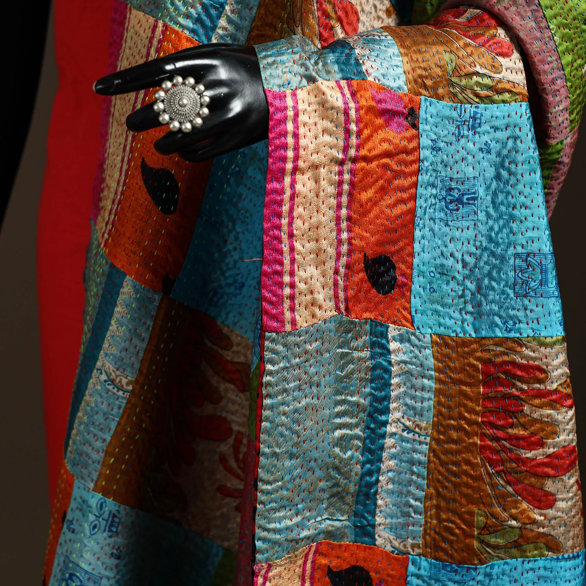 Multicolor - Bengal Hand Embroidery Patchwork Reversible Silk Kantha Dupatta 96 sold by Itokri product image thumbnail 3