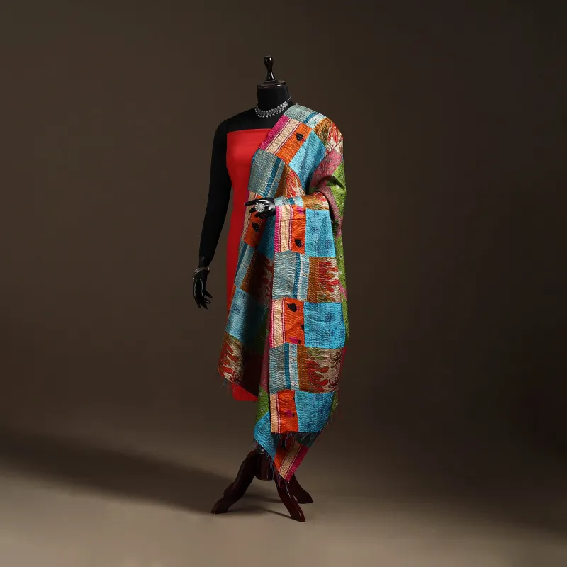 Multicolor - Bengal Hand Embroidery Patchwork Reversible Silk Kantha Dupatta 96 sold by Itokri