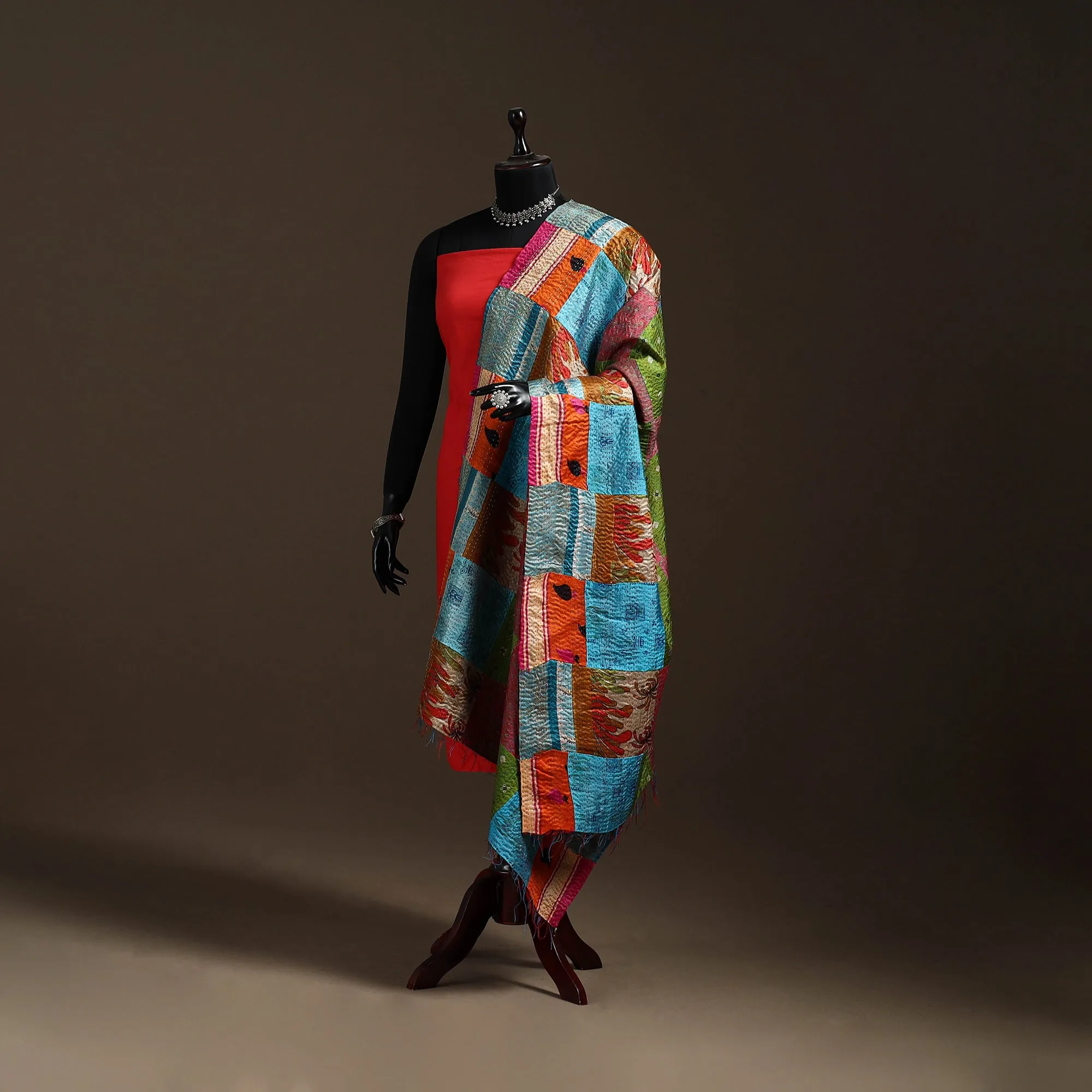 Multicolor - Bengal Hand Embroidery Patchwork Reversible Silk Kantha Dupatta 96 sold by Itokri