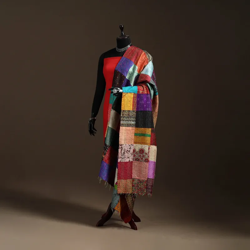 Multicolor - Bengal Hand Embroidery Patchwork Reversible Silk Kantha Dupatta 95 sold by Itokri