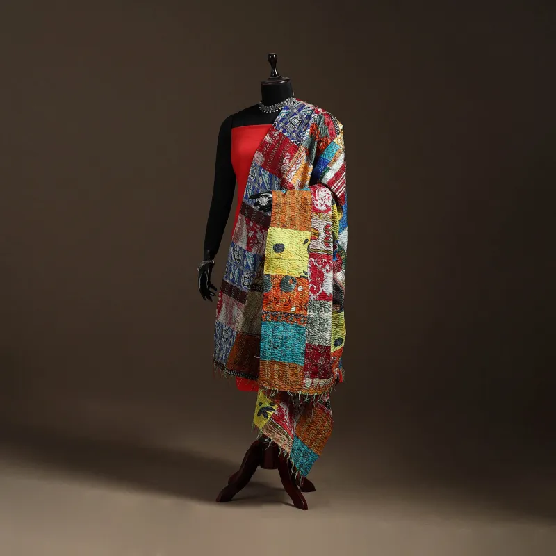 Multicolor - Bengal Hand Embroidery Patchwork Reversible Silk Kantha Dupatta 93 made by Itokri