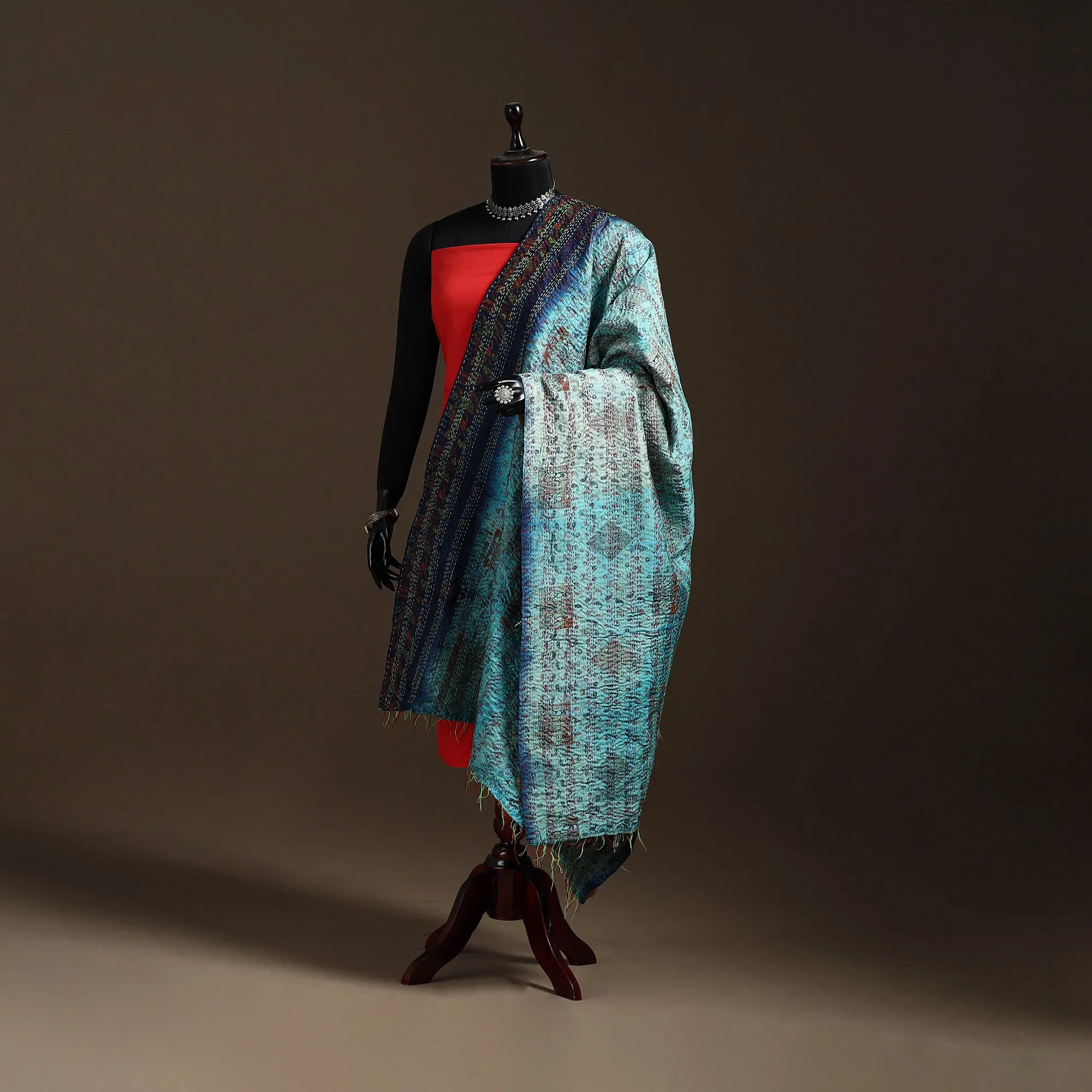 Multicolor - Bengal Hand Embroidery Patchwork Reversible Silk Kantha Dupatta 93 sold by Itokri product image thumbnail 5