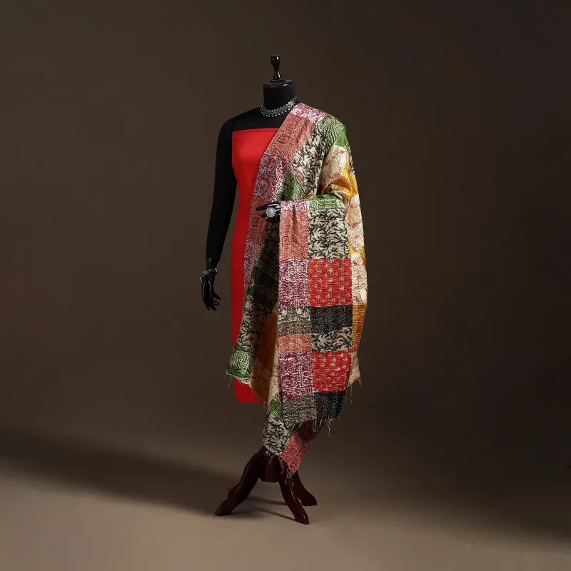 Multicolor - Bengal Hand Embroidery Patchwork Reversible Silk Kantha Dupatta 89 sold by Itokri